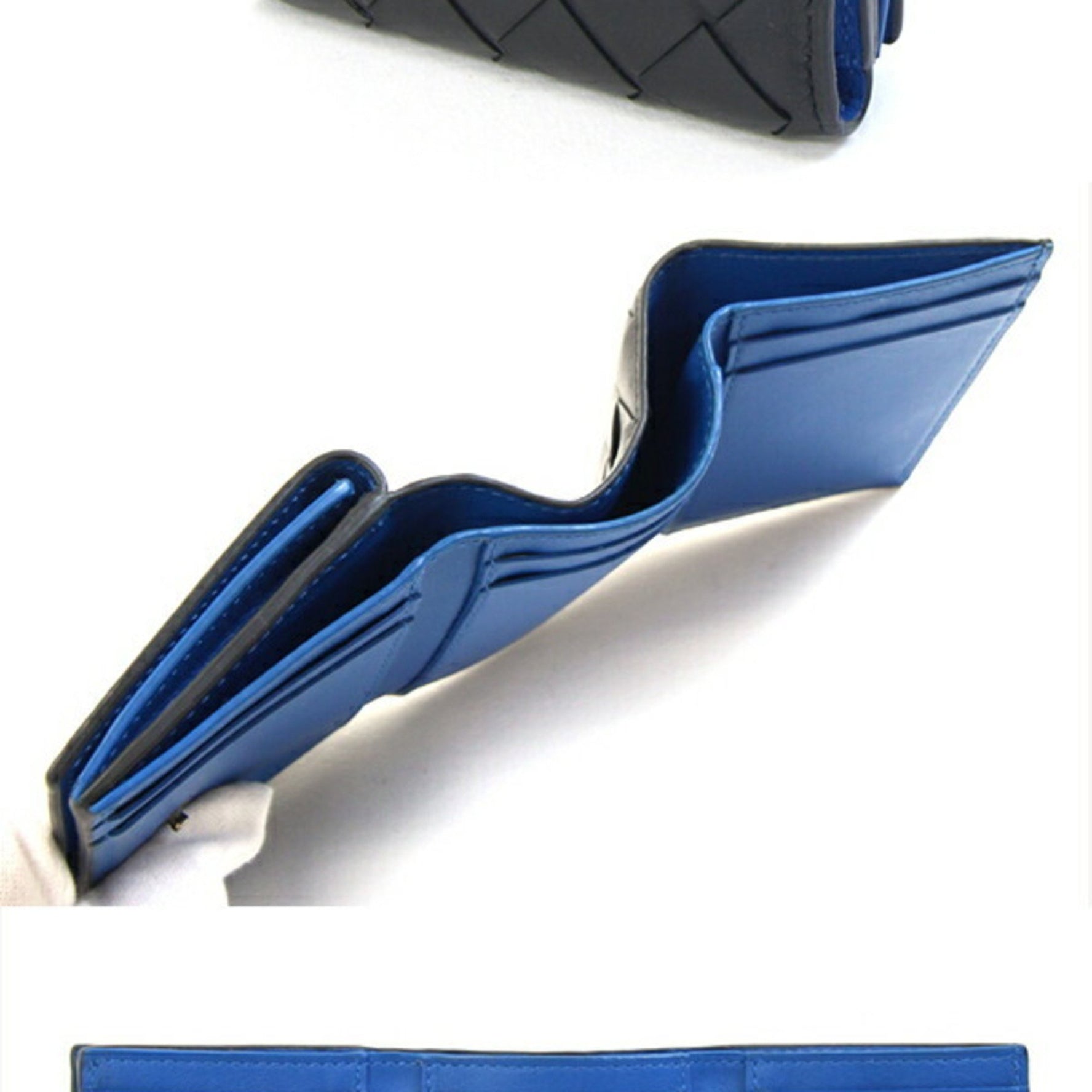 Bottega Veneta Tri-fold Wallet Intrecciato Tiny Black Blue Leather Compact Bicolor Men's Women's BOTTEGA VENETA