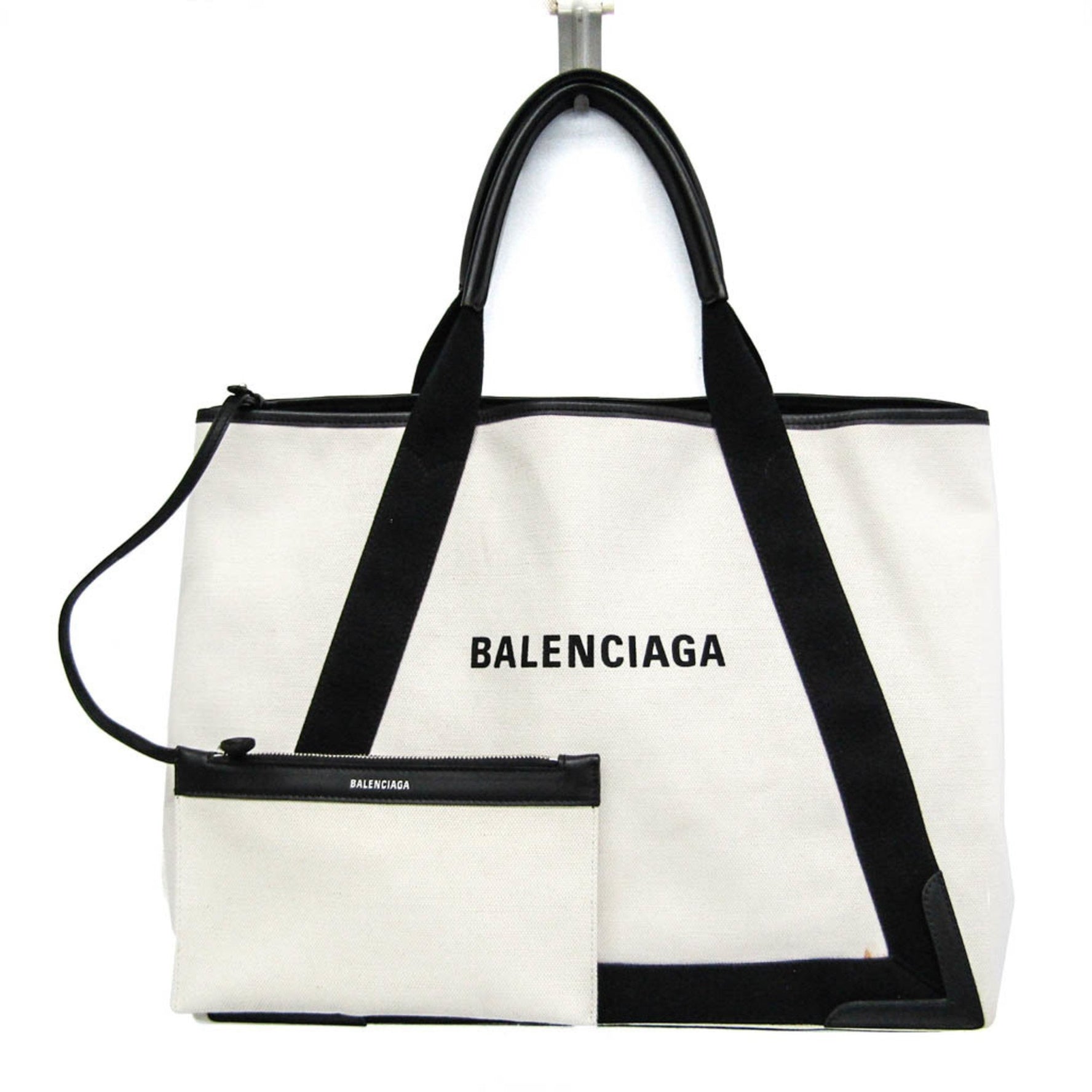 Balenciaga Navy Cabas M Men,Women Canvas,Leather Handbag,Tote Bag Black,Off-white