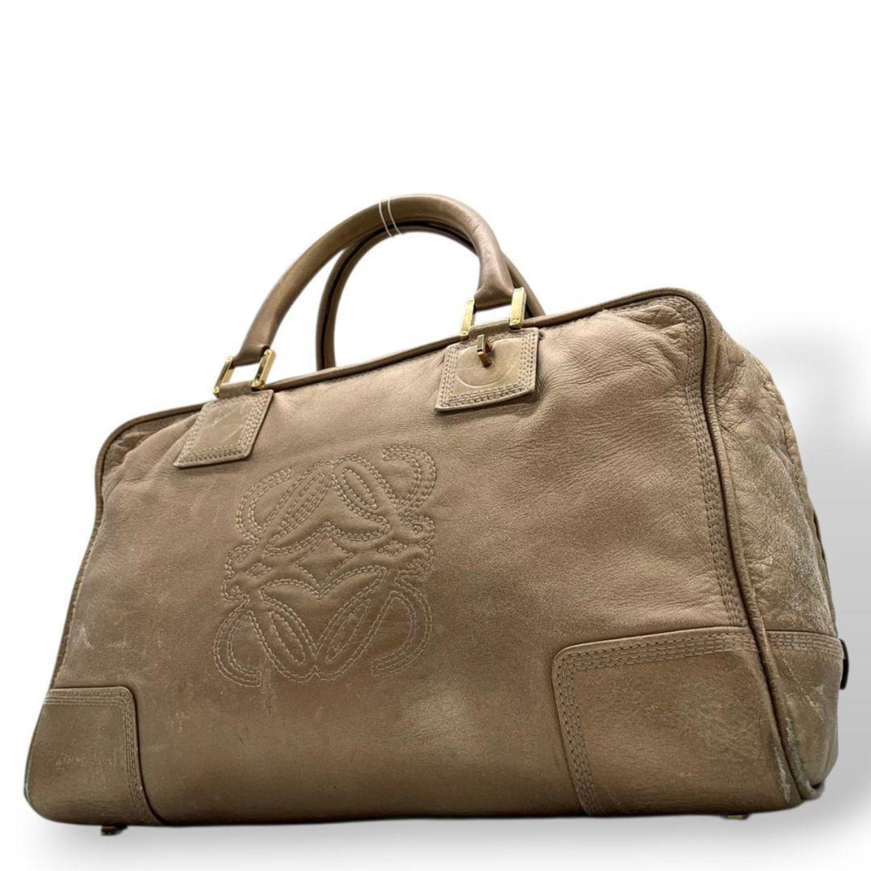 Loewe Amazona handbag in brown and beige with an Anagram pattern on leather, a Boston bag, tote bag gold hardware