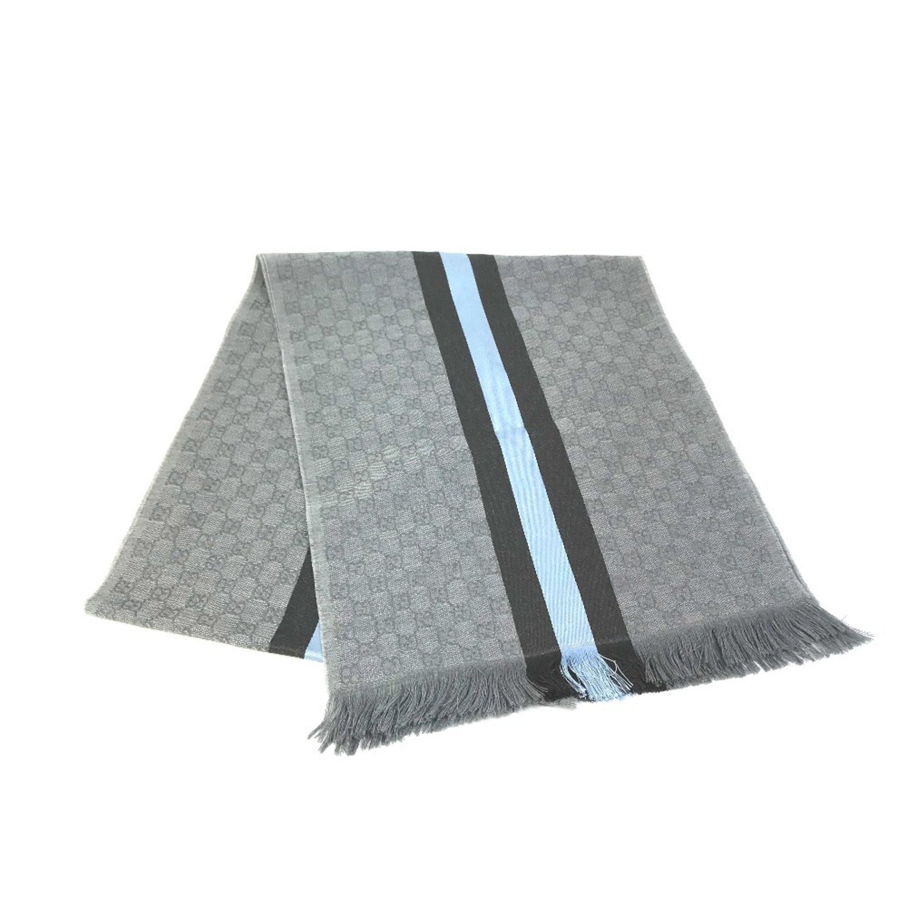 GUCCI GG Fringe Scarf, Wool/Silk, Gray, Blue, and Black