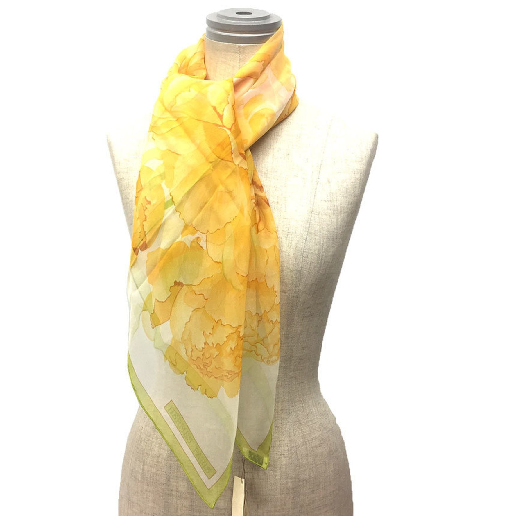 HERMES Carré 90 Scarf, Les Pivoines, Peony Design, Silk Muslin, Yellow Orange