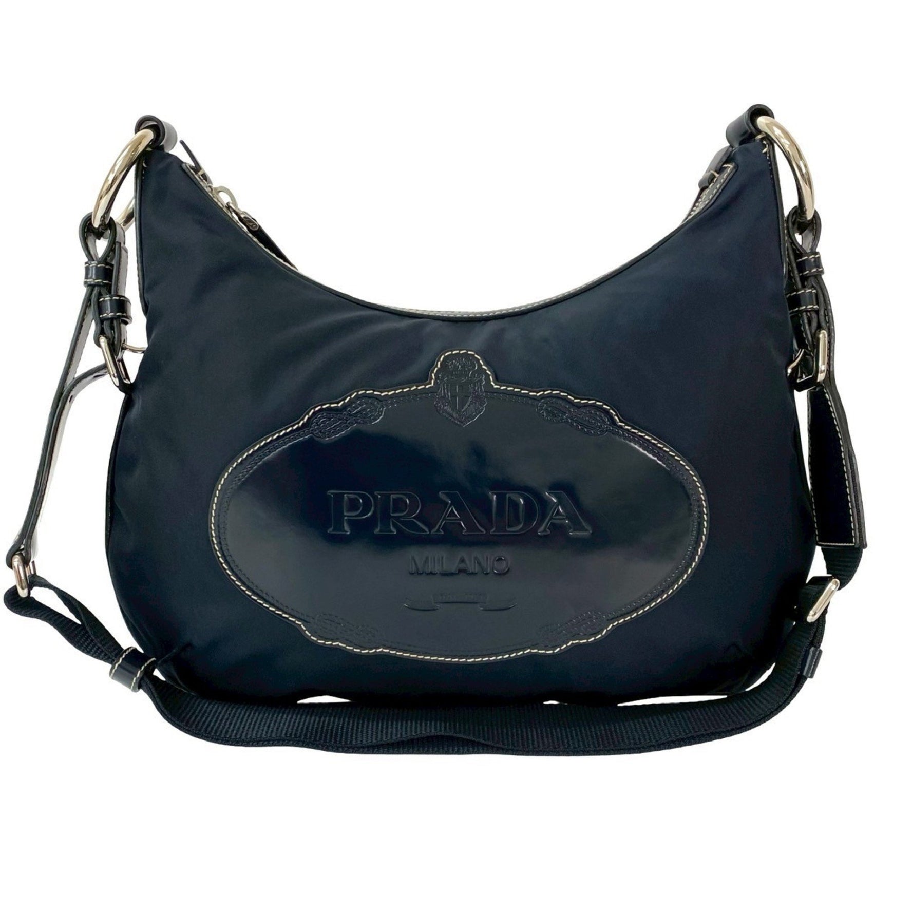 PRADA logo engraved nylon and leather stitched shoulder bag/pouch/sacoche