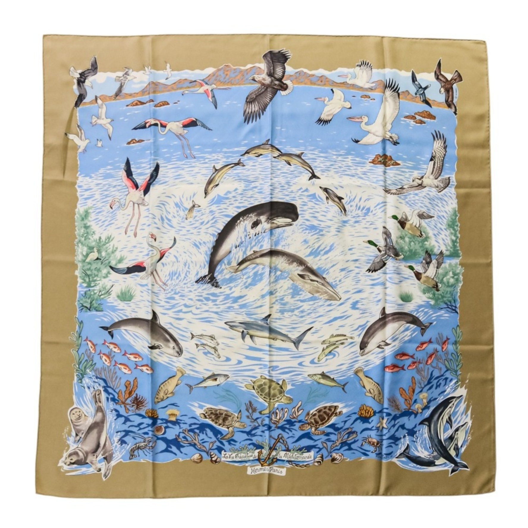HERMES Carré 90 "Lavie Precieuse de la Mediterranee" (Precious Life of the Mediterranean) scarf/muffler in beige and blue for women