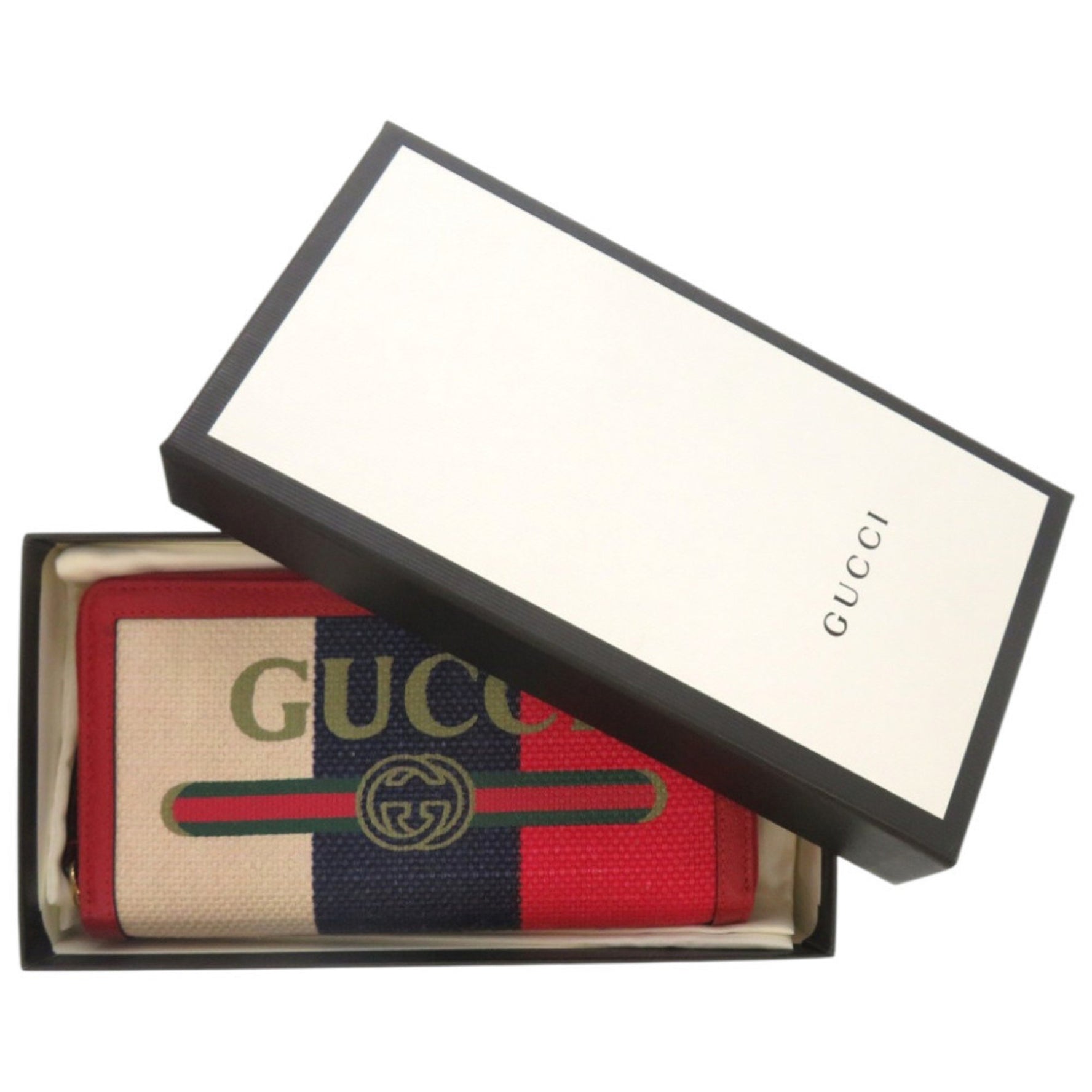 Gucci Tricolor Print Zip-Around Wallet Canvas Leather Red Long 0829