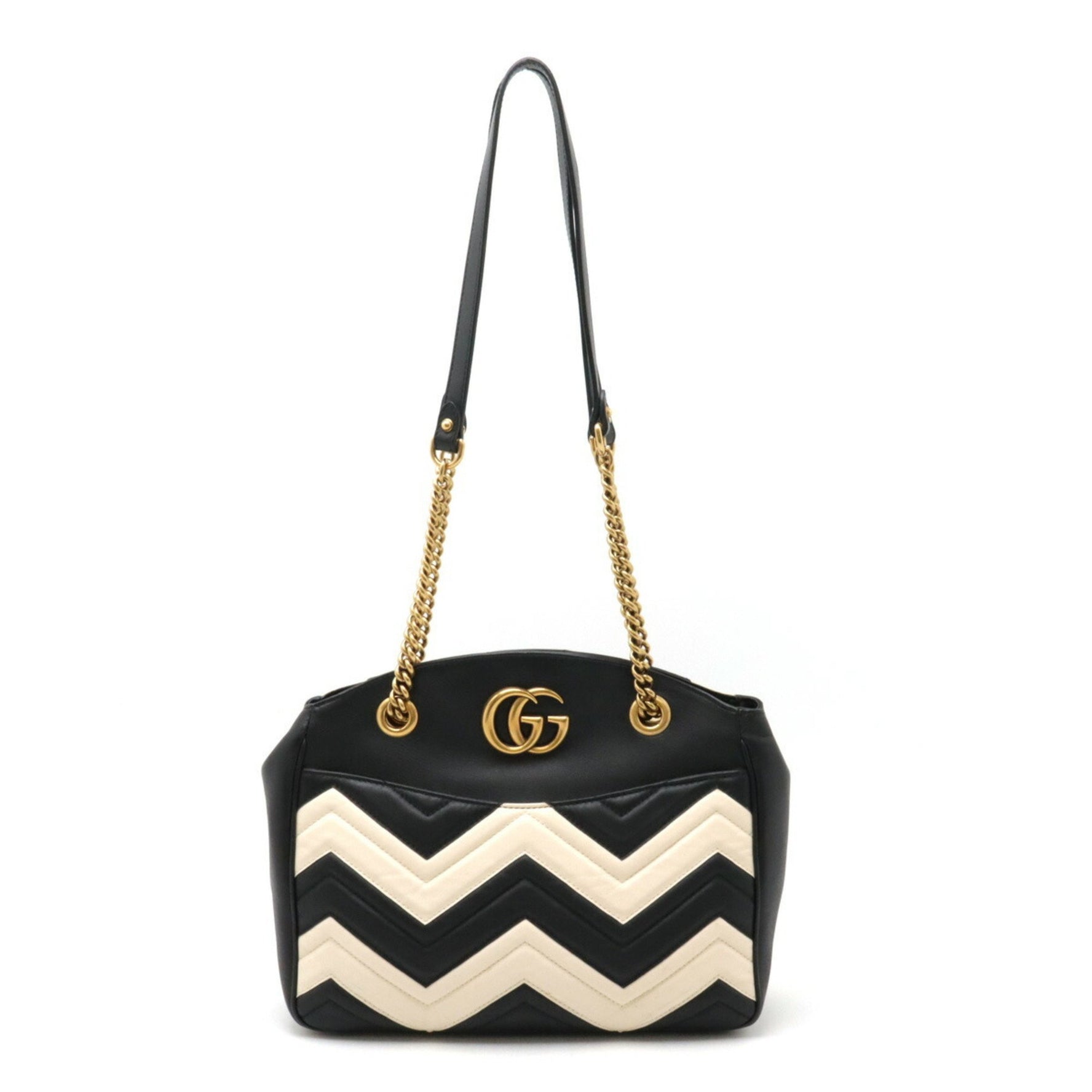 GUCCI GG Marmont quilted tote bag, chain shoulder leather, black, ivory,
