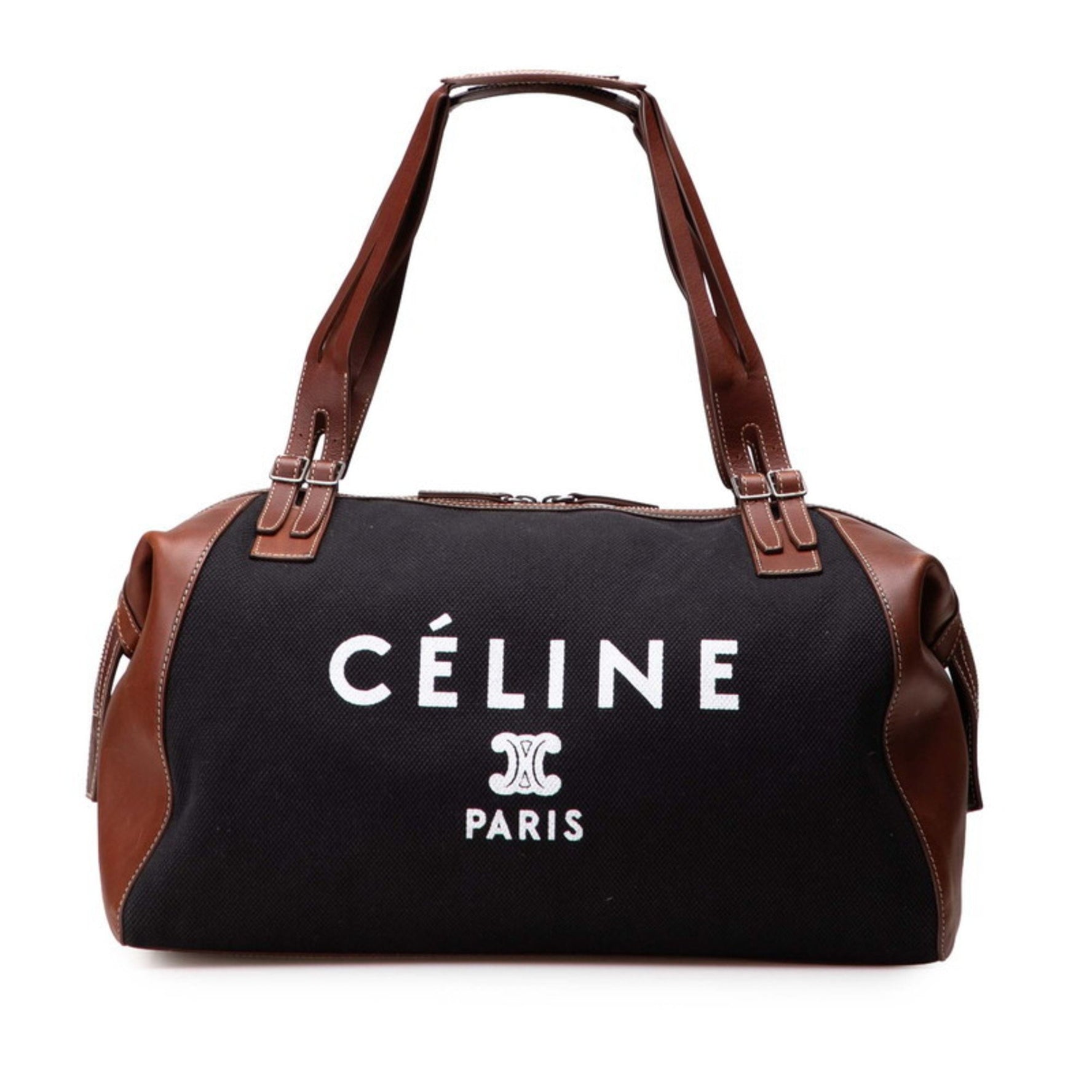 Celine logo tote bag in black and brown canvas leather .
