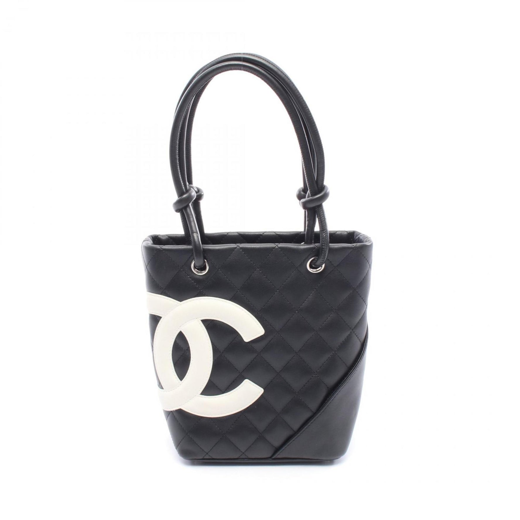 CHANEL Cambon Line Small Tote Bag, Leather, Black and White
