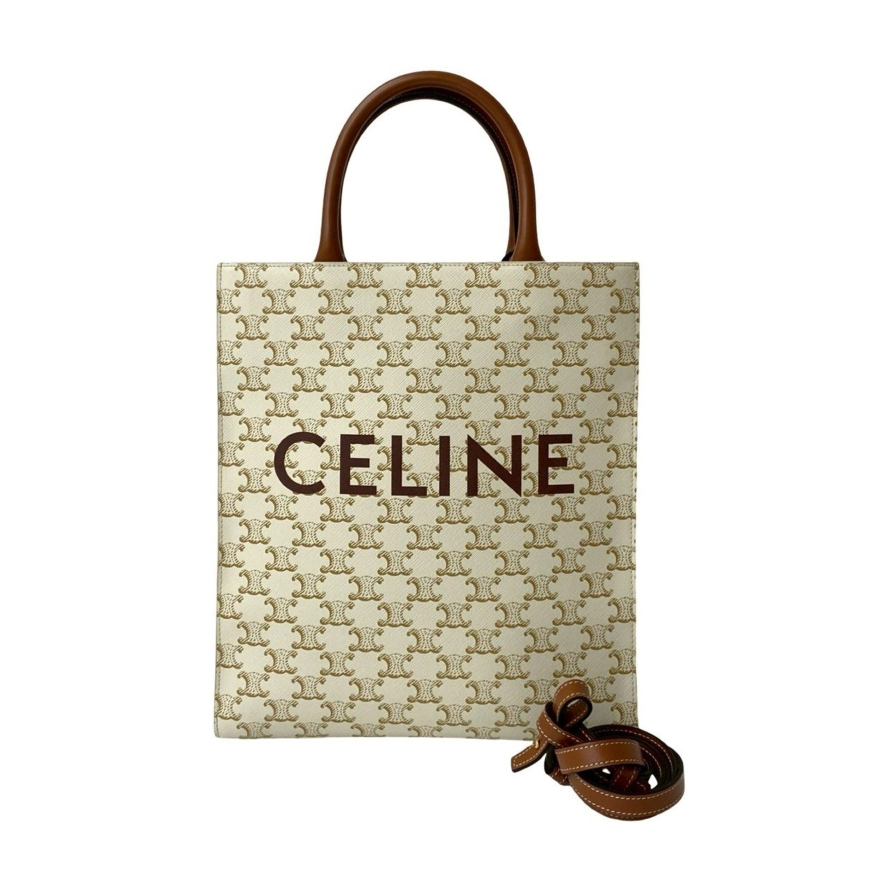 CELINE Vertical Cabas Small Leather Handbag/Tote/Shoulder Bag in White and Brown