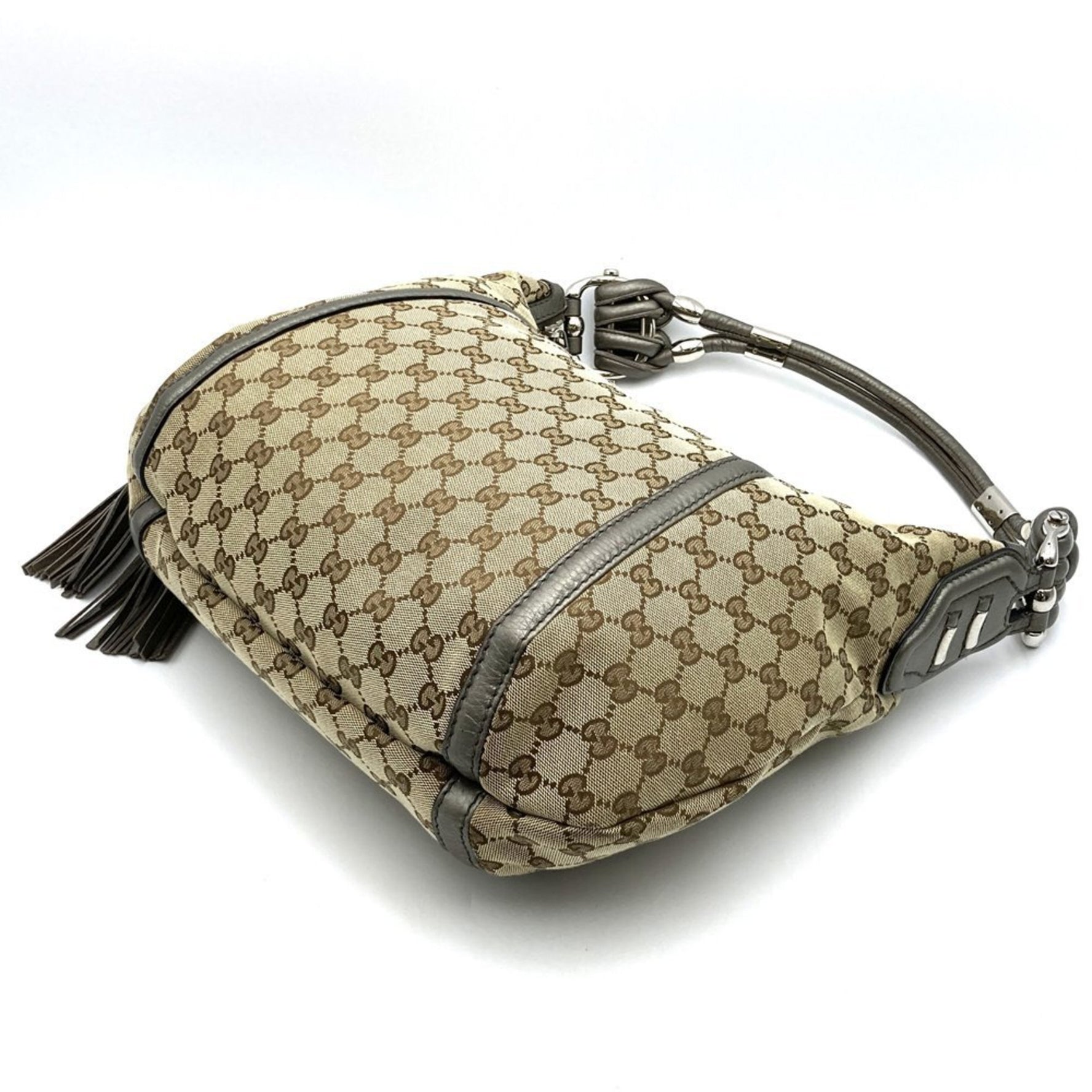 GUCCI Shoulder Bag GG Canvas Leather Tassel Bamboo Beige Women's