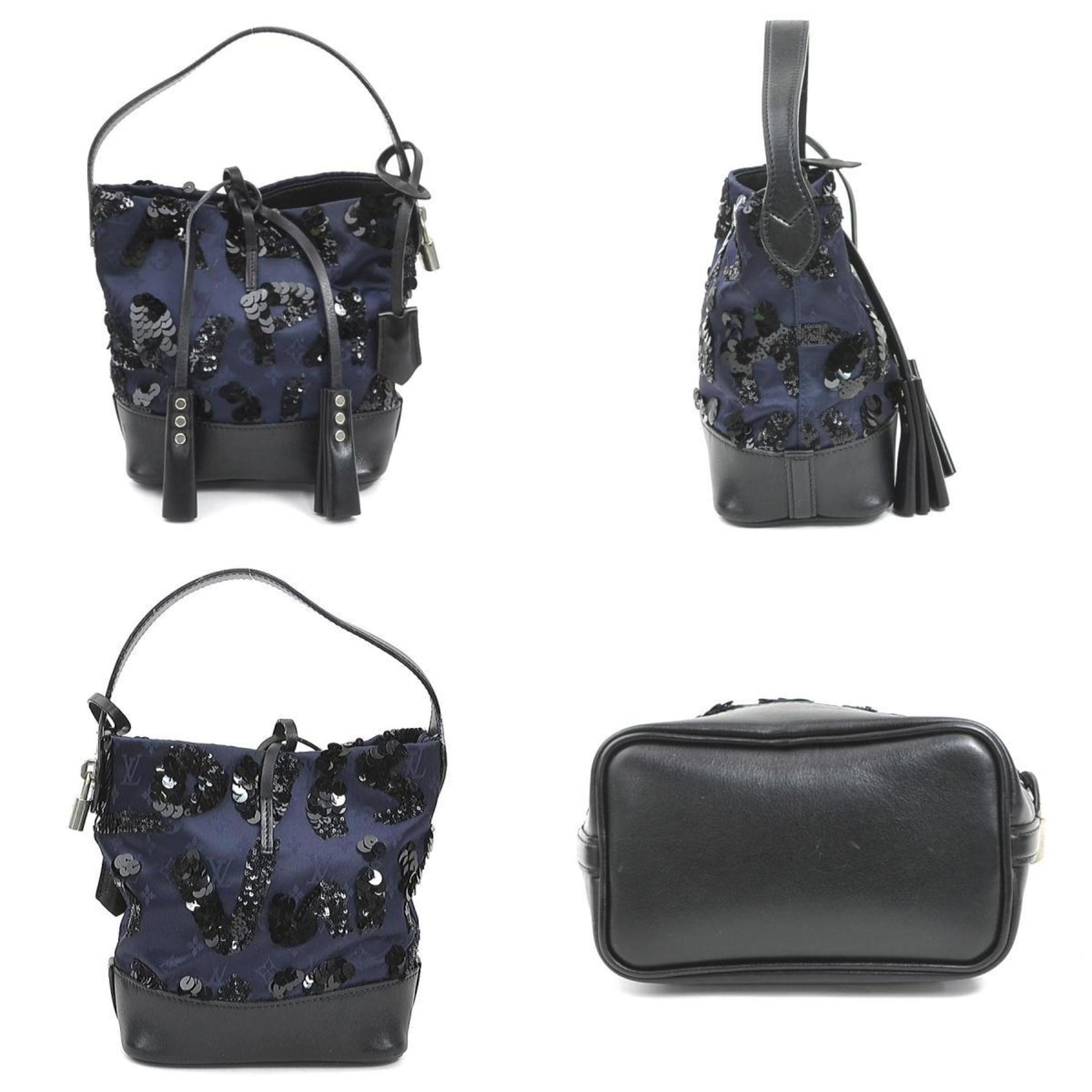 Louis Vuitton Monogram Satin Handbag Spotlight PM Sequins Navy Black Silver