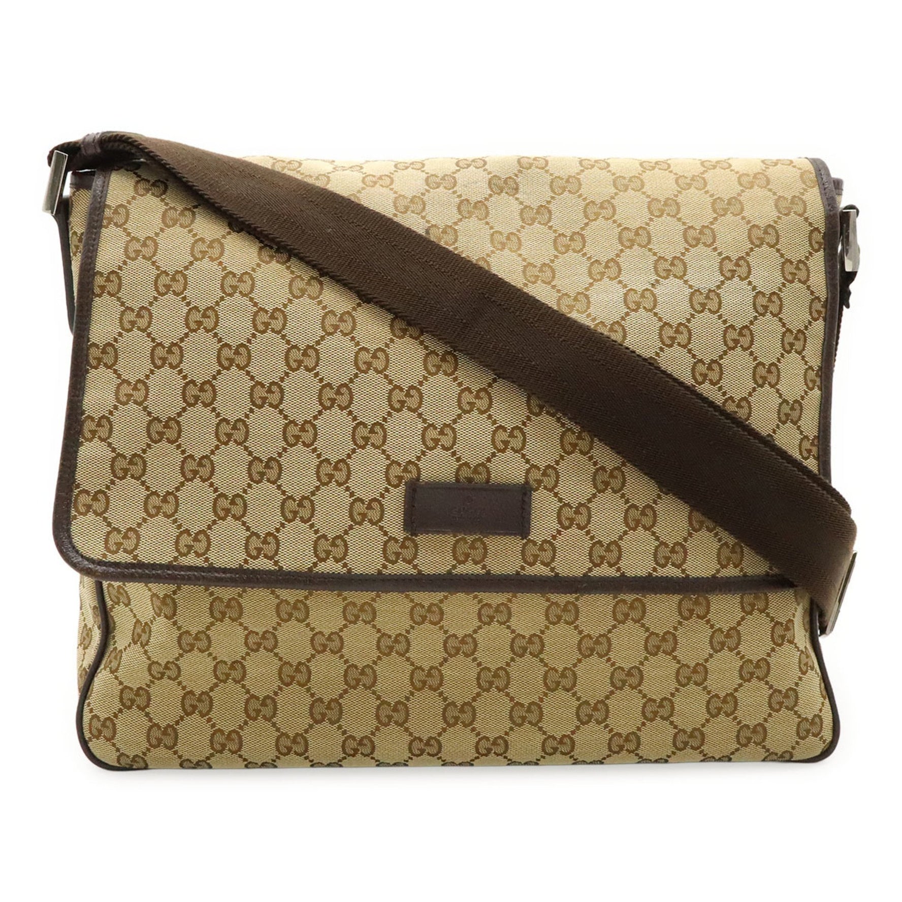 GUCCI GG Canvas Shoulder Bag, Khaki Beige and Dark Brown