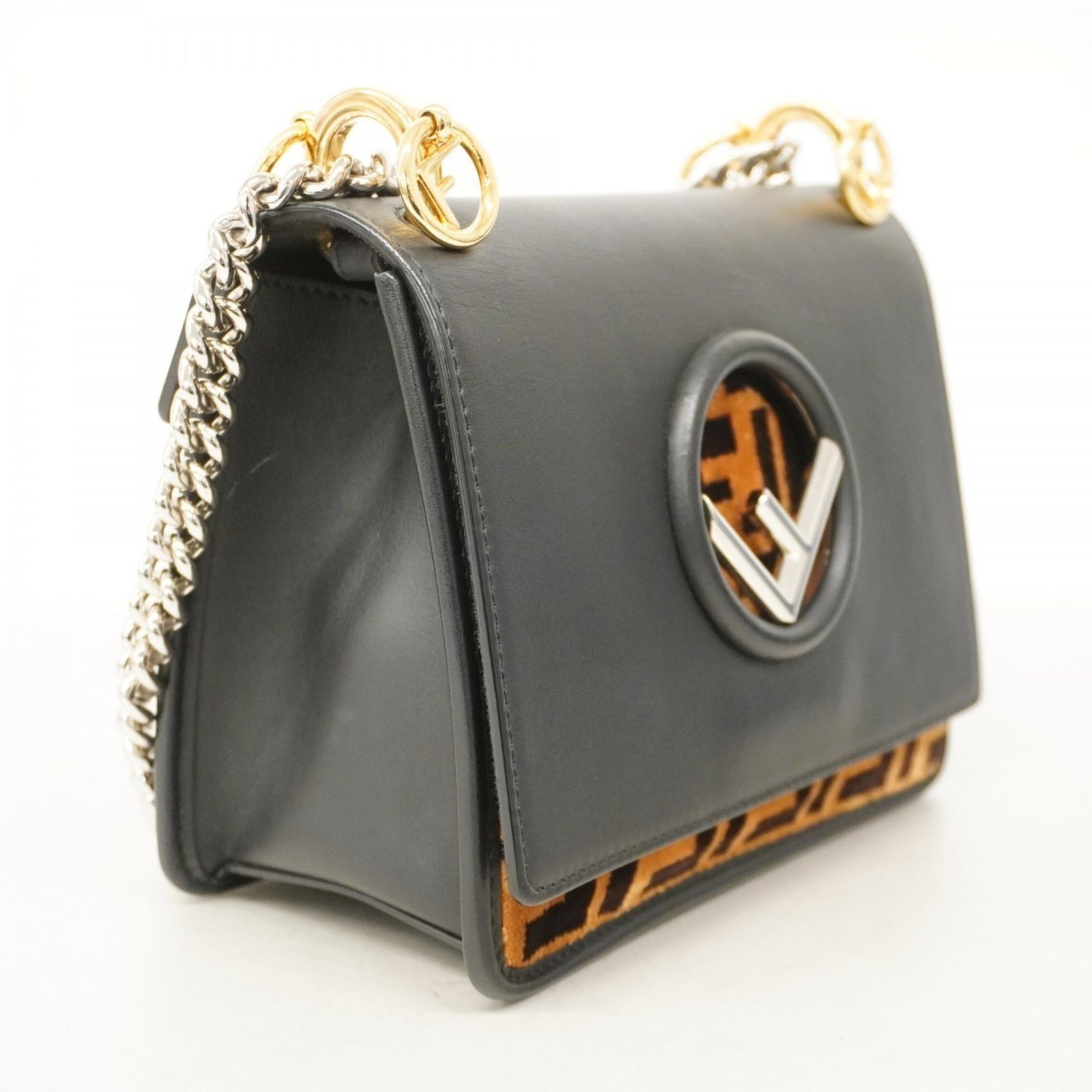 Fendi Zucca Mini Canaief Shoulder Bag in Leather and Velvet, Black, Brown, Gold
