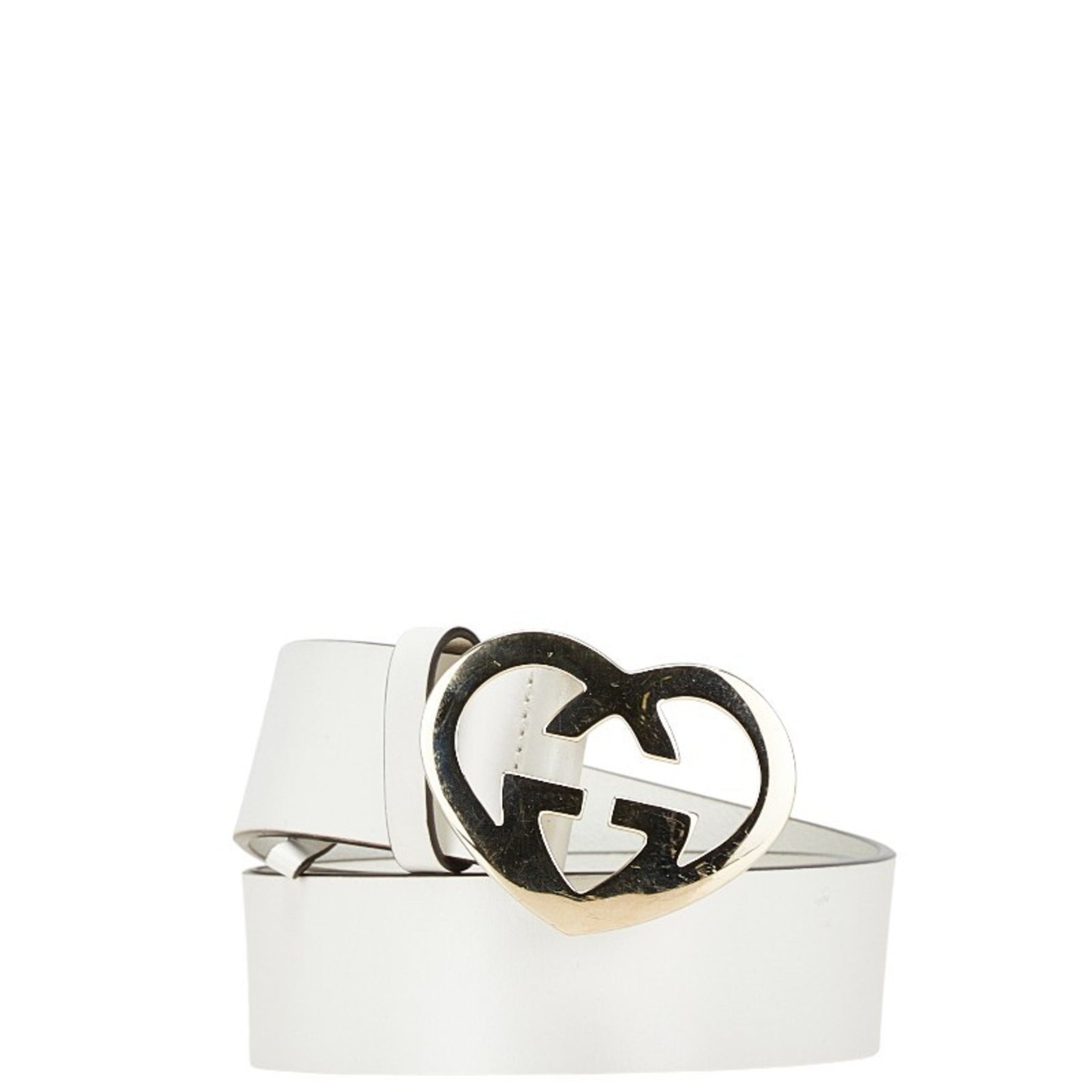 Gucci Heart Interlocking G Buckle Belt, Sizes: 80-32, White Gold Plated Leather