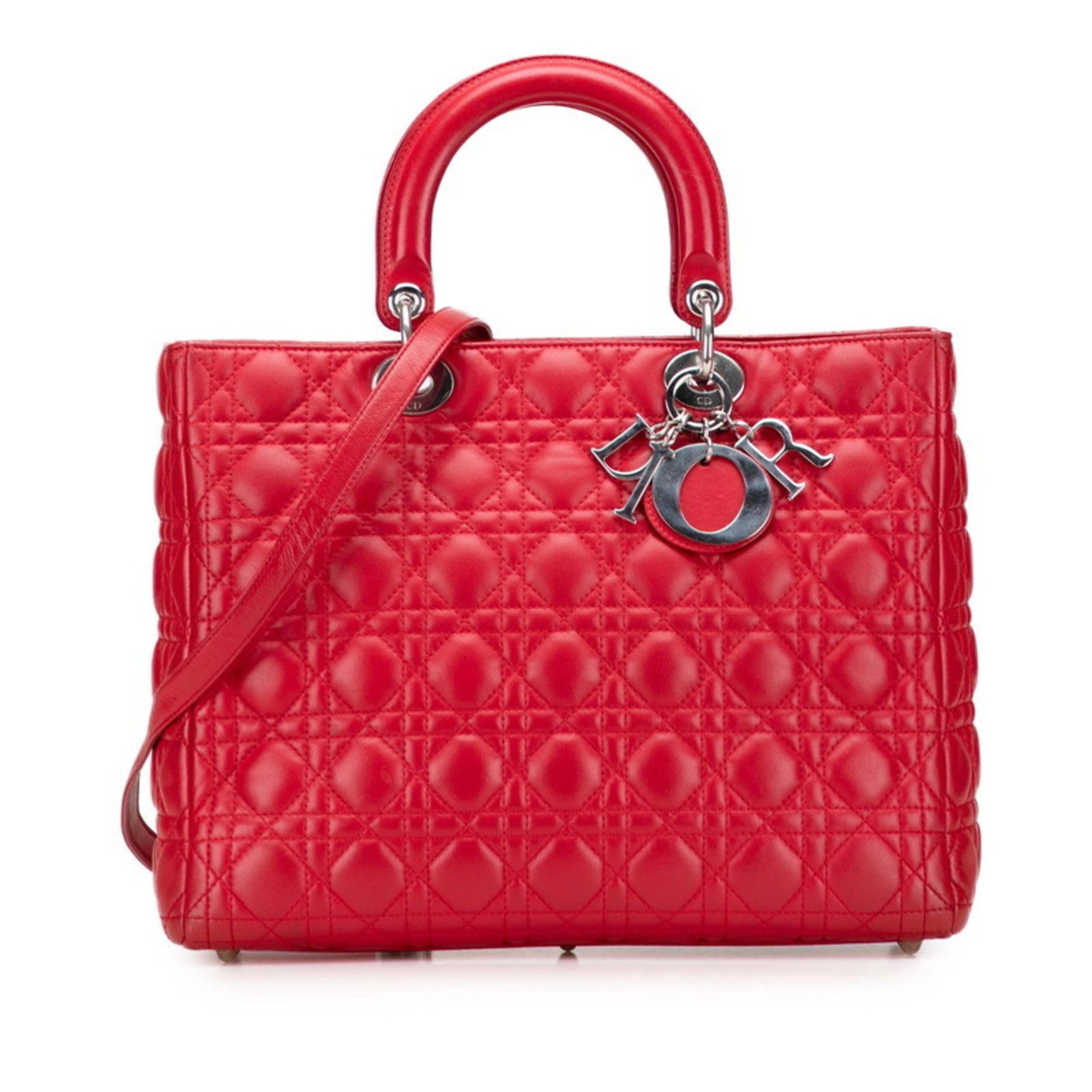 Christian Dior Dior Cannage Lady Large Handbag/Shoulder Bag, Red and Silver Lambskin