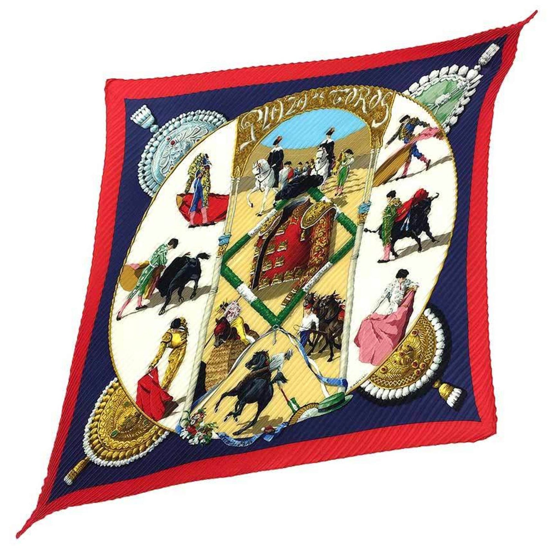 HERMES Pleated Scarf Carré 90 PLAZA DE TOROS Bullring 100% Silk Hermes Muffler