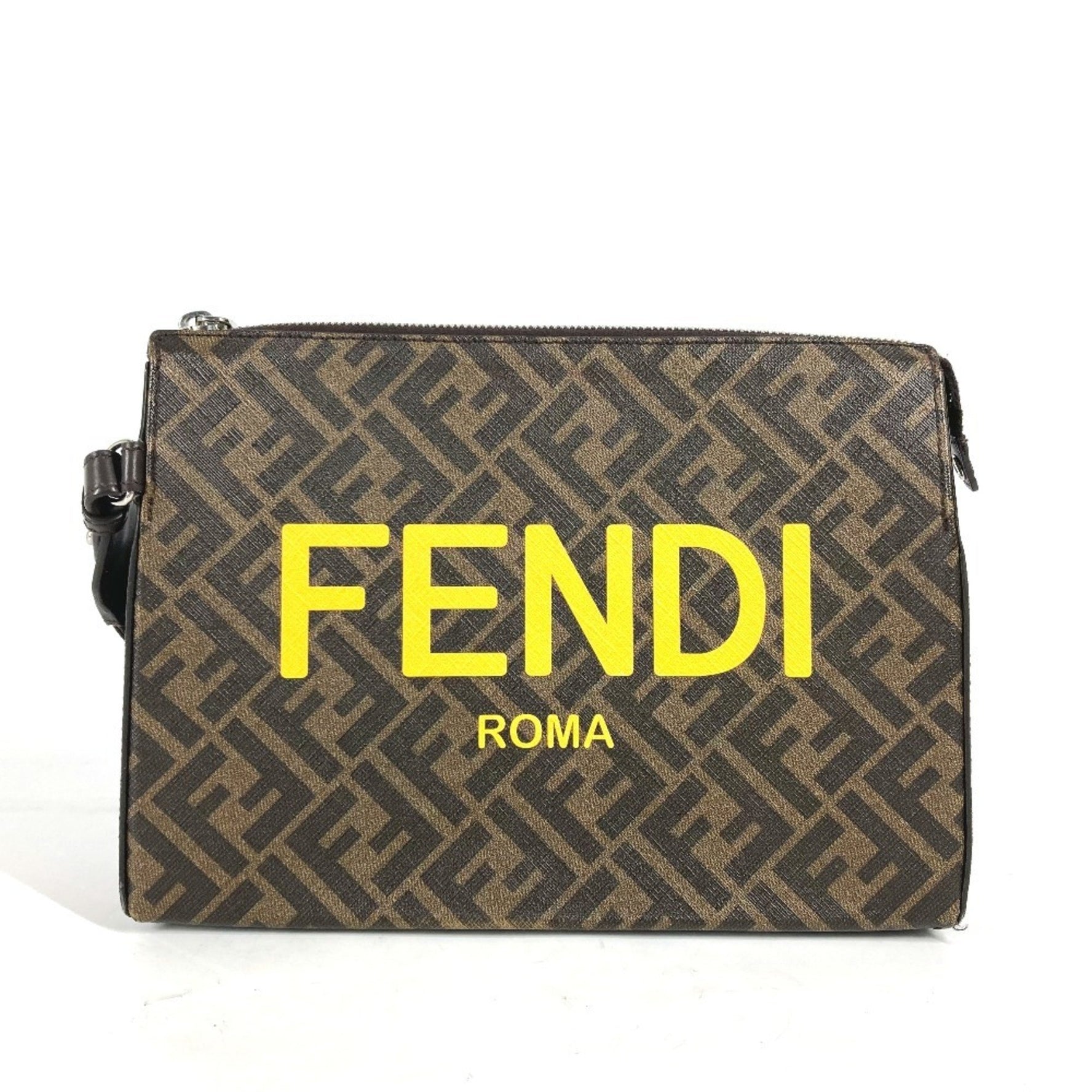 FENDI Zucca Logo Clutch Bag with Strap, Leather and Canvas, Men's, Brown