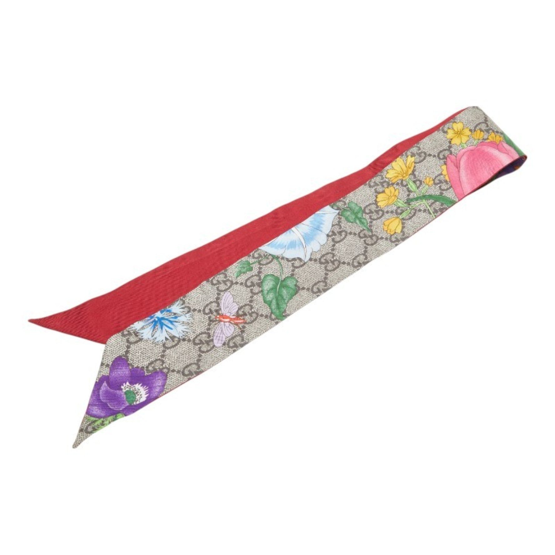 Gucci GG Flora Print Neck Bow Scarf, Greige Multicolor Silk