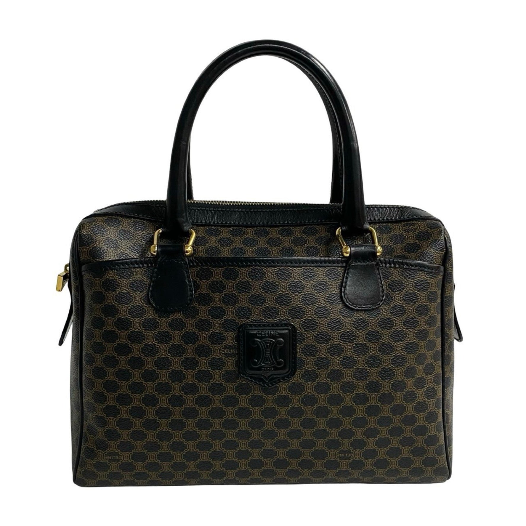 CELINE Macadam Blason Triomphe Leather Handbag/Mini Boston Bag, Brown