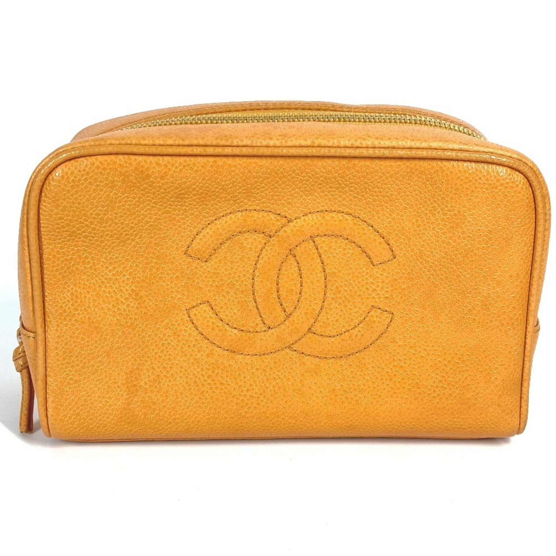 CHANEL CC Coco Mark Logo Second Bag Pouch Caviar Leather Yellow