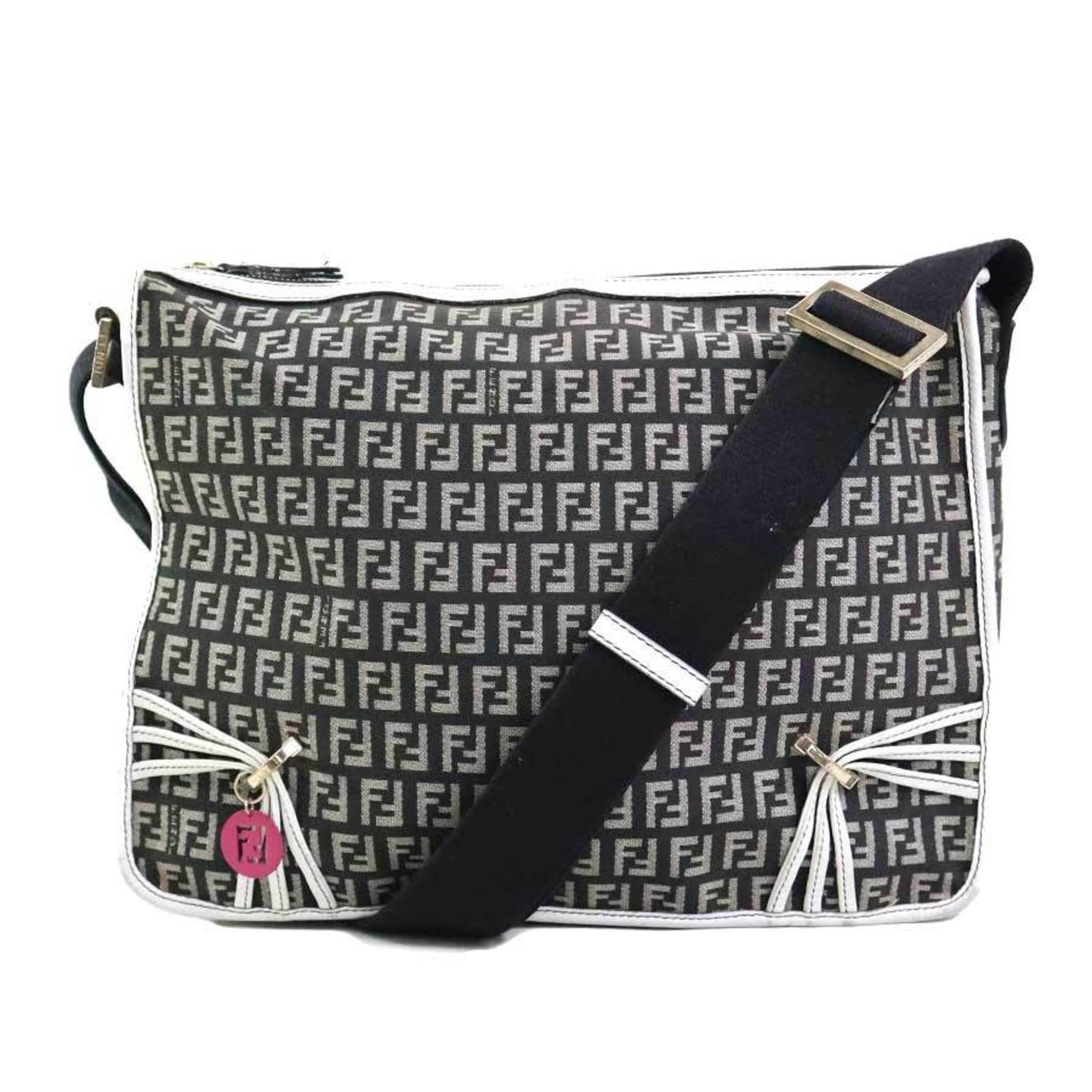 FENDI Shoulder Bag Zucchino Nylon Canvas Leather Black x White