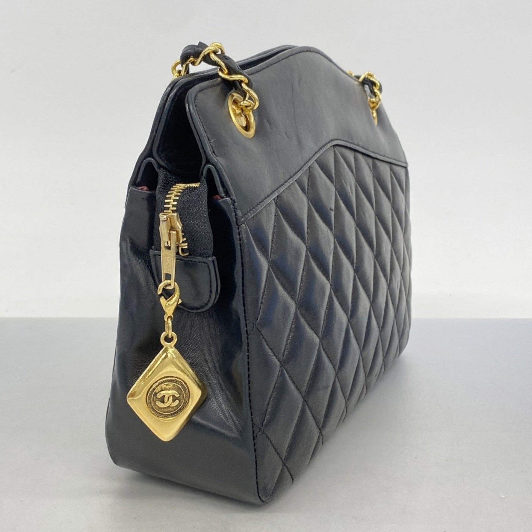Chanel Matelasse Shoulder Bag with Chain Bag, Lambskin, Black, Women's