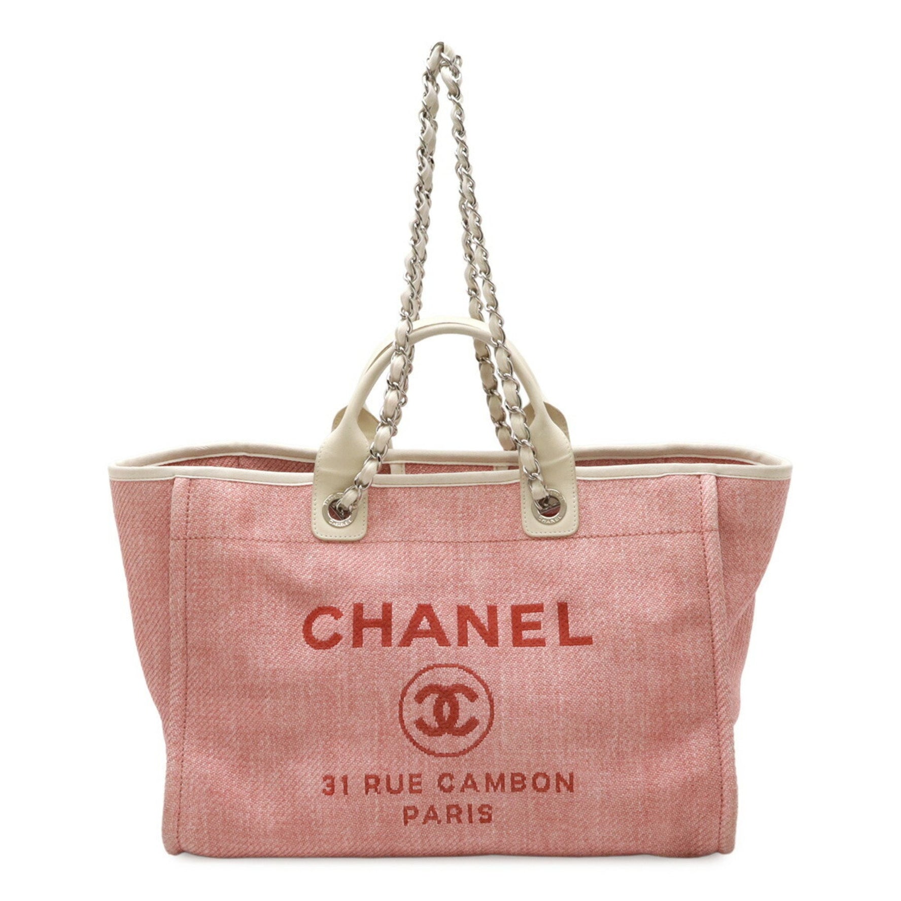 CHANEL Deauville Tote GM Bag Chain Shoulder Canvas Leather Pink White