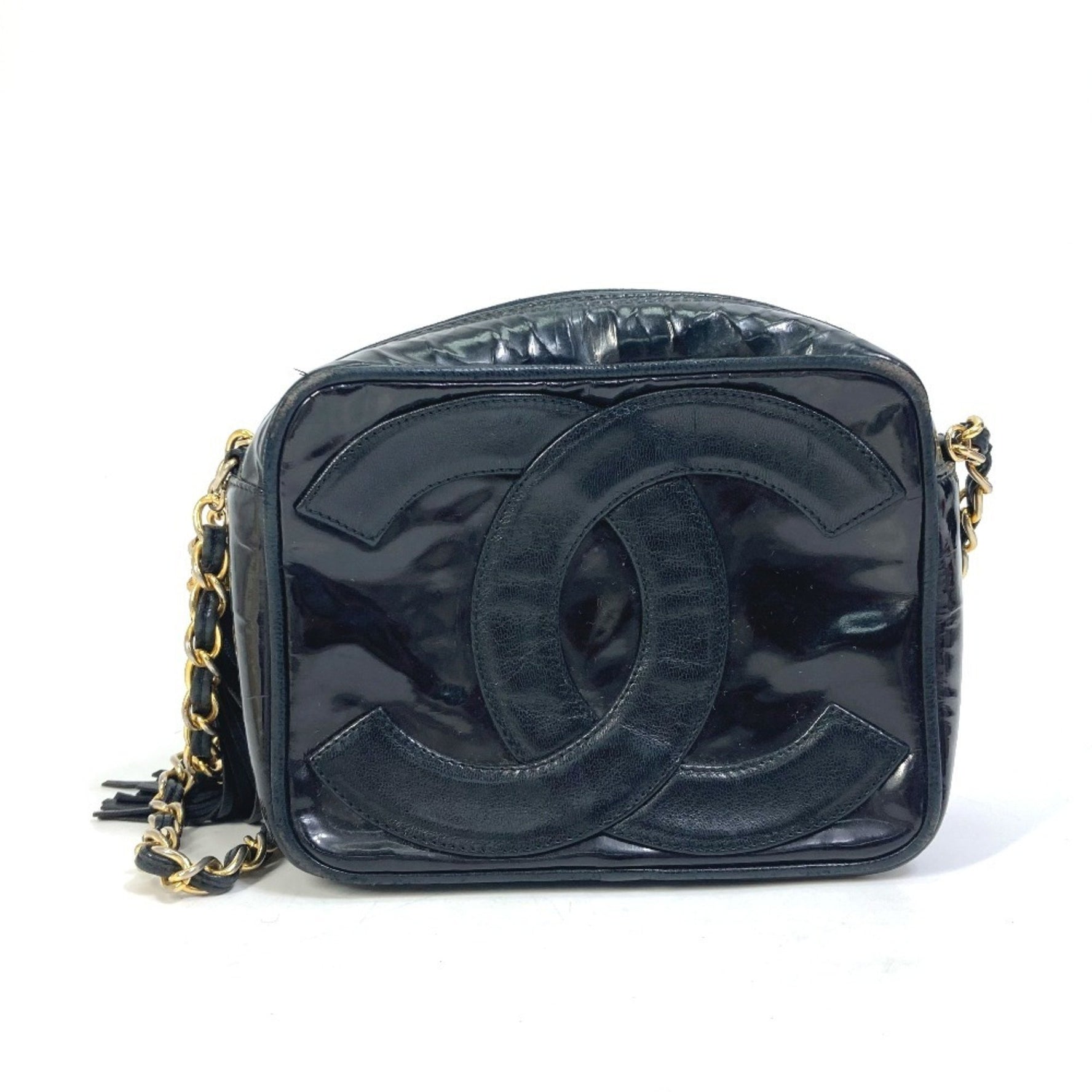 CHANEL CC Coco Mark Pochette Tassel Chain Shoulder Bag Patent Leather