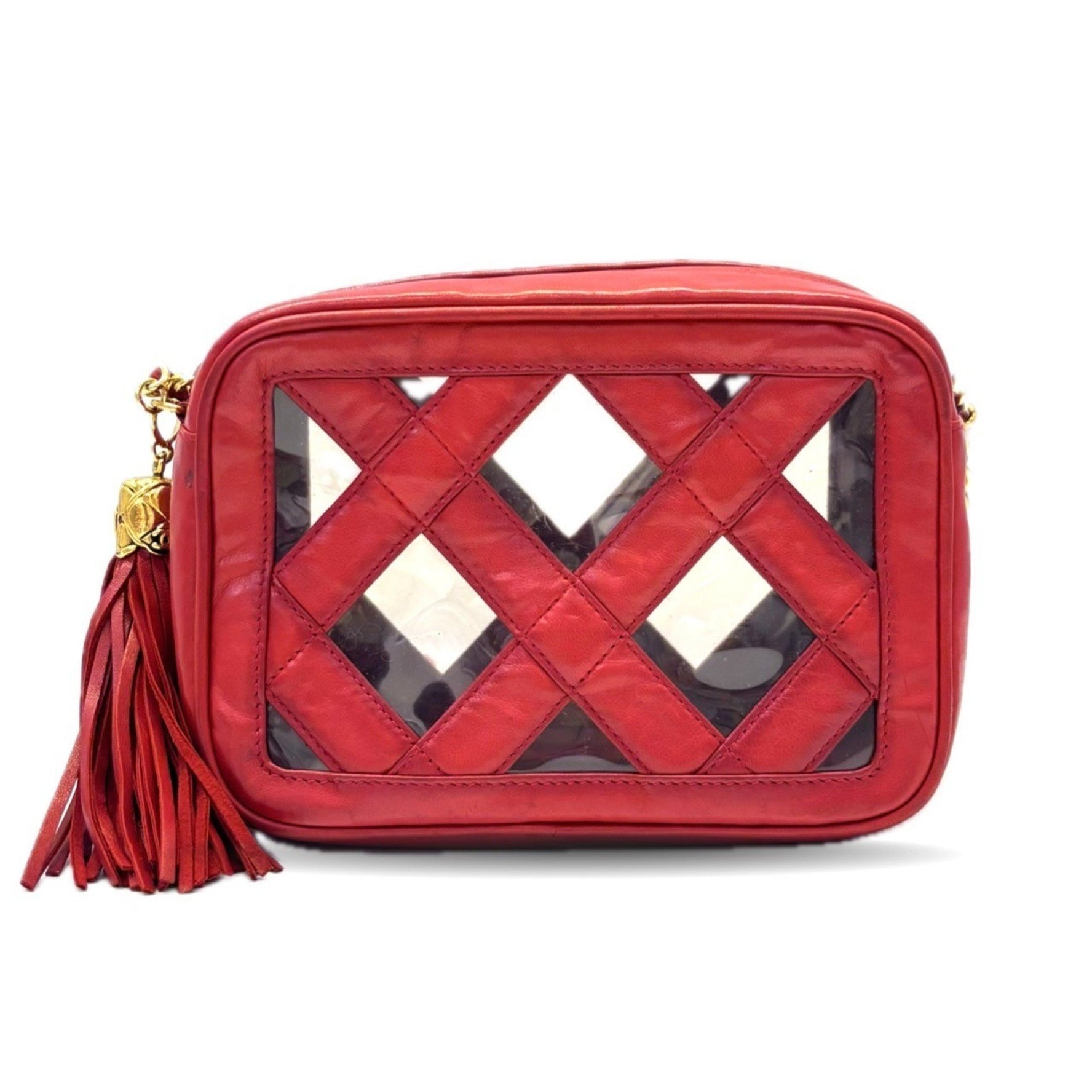 CHANEL Chain Shoulder Bag in Red Lambskin with Tassel