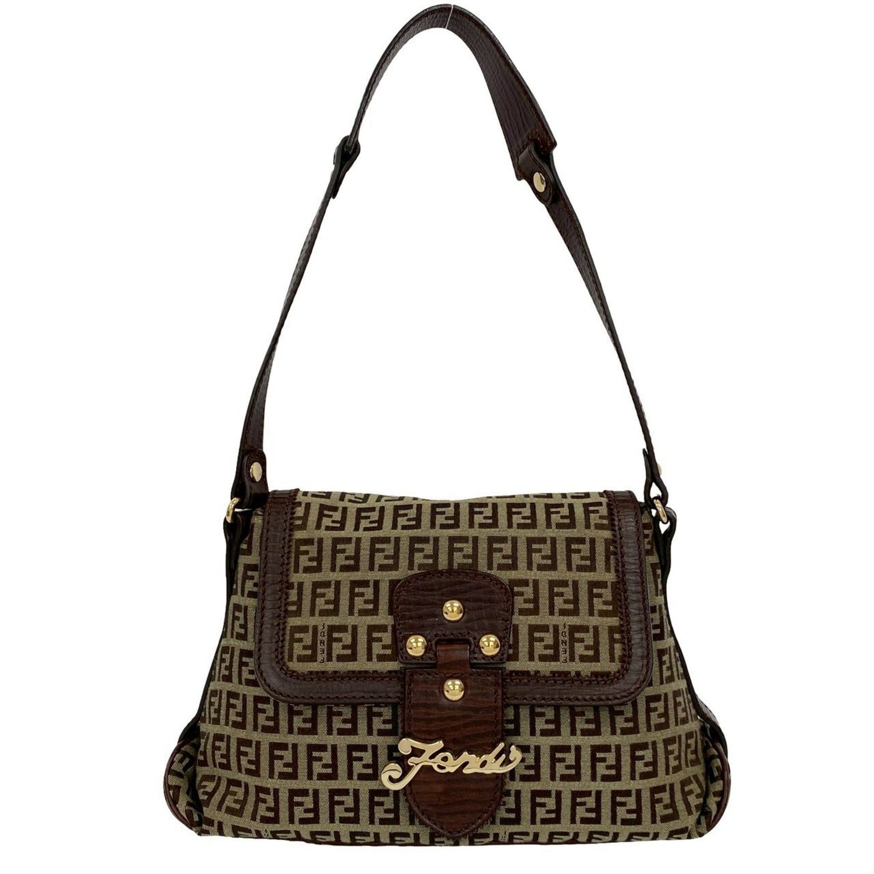 FENDI Zucchino pattern logo hardware leather nylon canvas semi-shoulder bag brown beige 07419