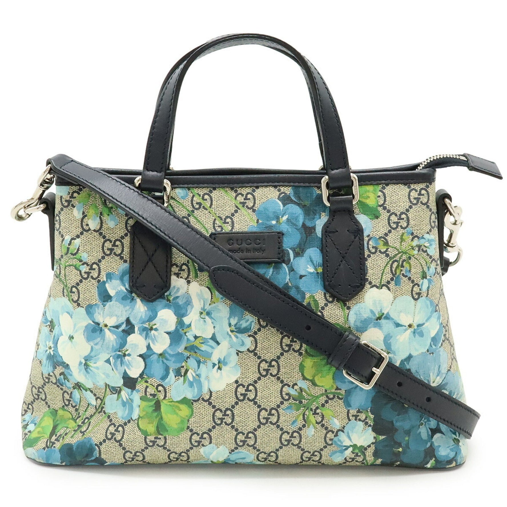 GUCCI GG Blooms Handbag, Tote Bag, Shoulder PVC Leather, Flower, Beige, Blue