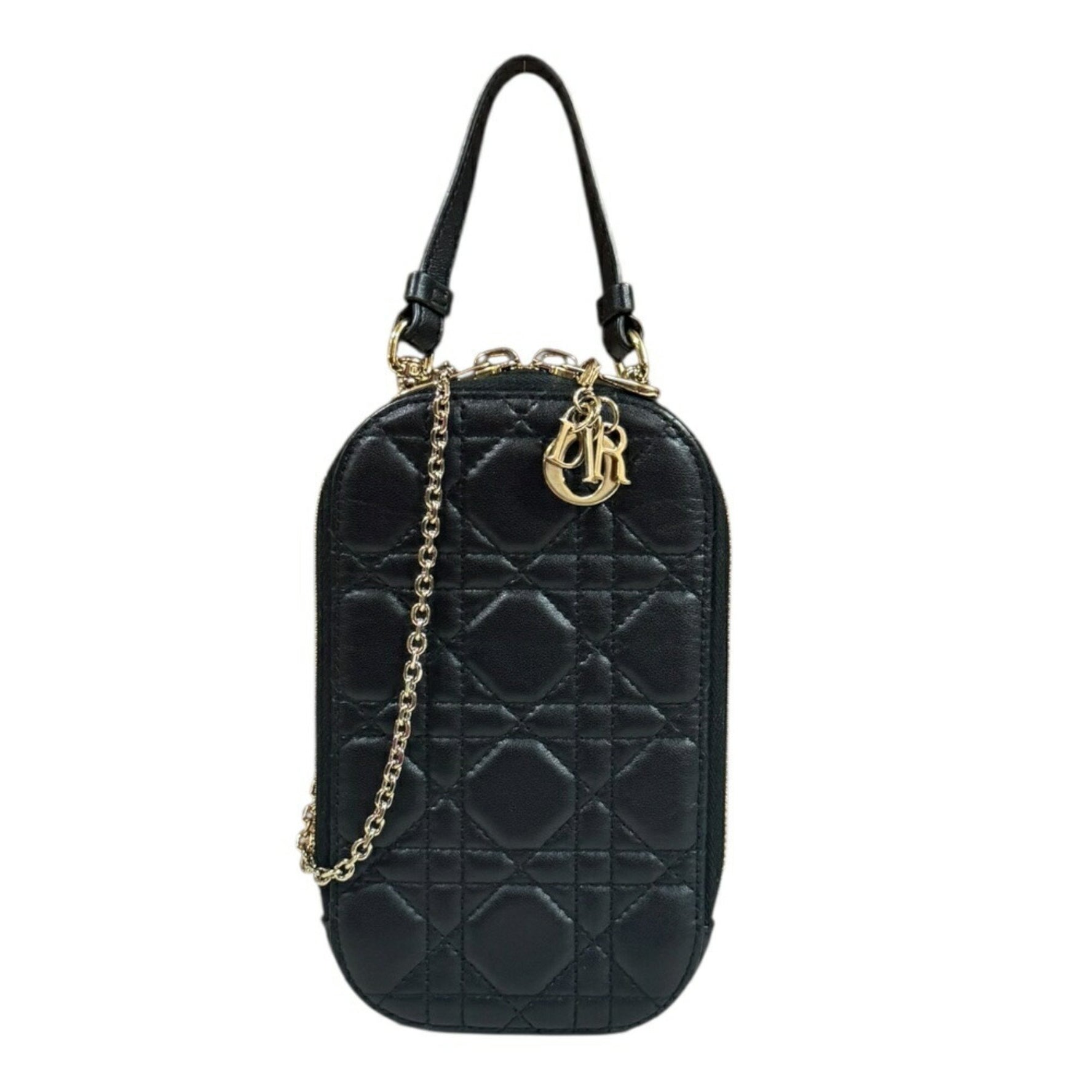 Christian Dior Dior Lady Corin Cannage Shoulder Bag in Black Lambskin with Chain Phone Holder