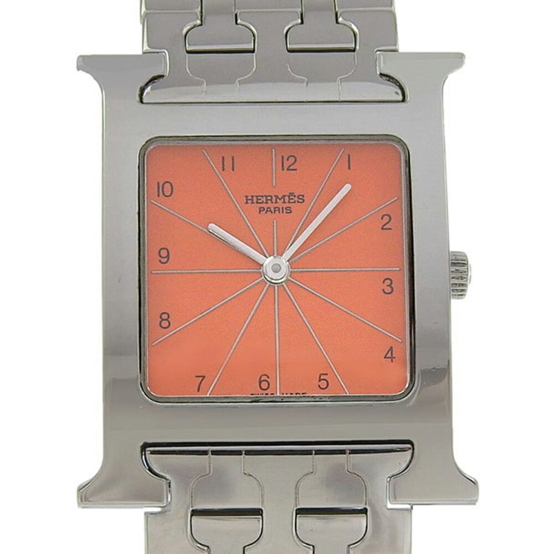Hermes H Watch Wristwatch Stainless Steel Quartz Analog Display Orange Dial Heure