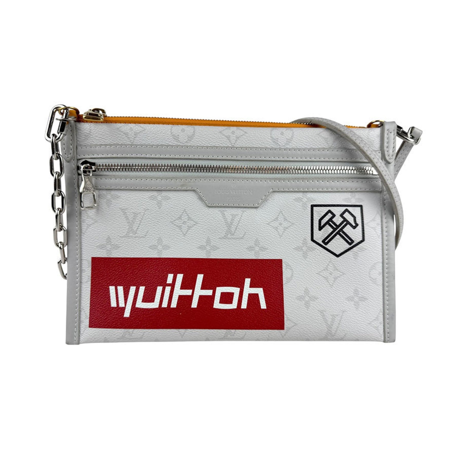 Louis Vuitton Flat Canvas Shoulder Bag in Light Gray, Orange, and Silver