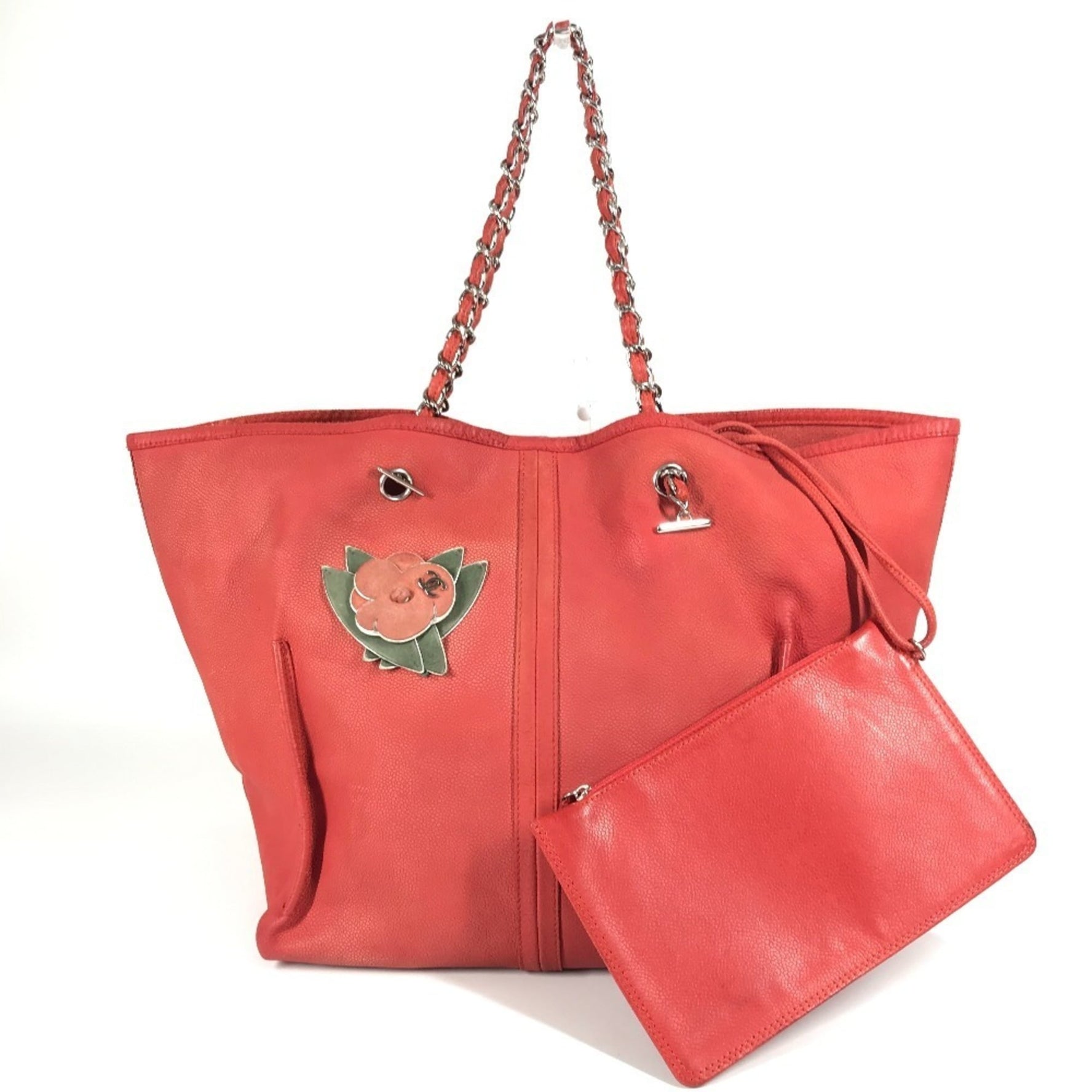 CHANEL Double Chain Bag with Pouch, CC Logo, Coco Mark, Flower Design, Leather Shoulder Bag, Red
