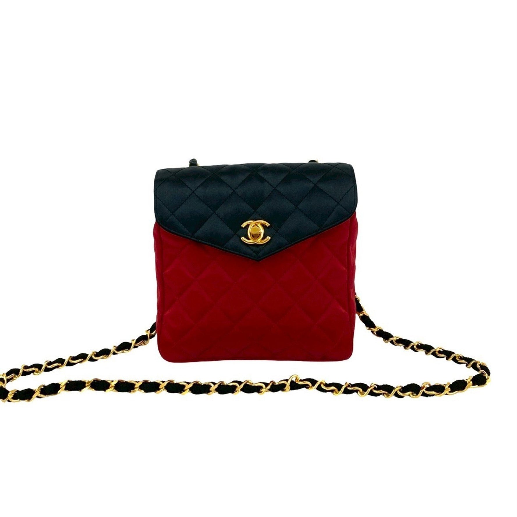 CHANEL Vintage Matelasse Coco Mark Satin Chain Shoulder Bag in Black and Red