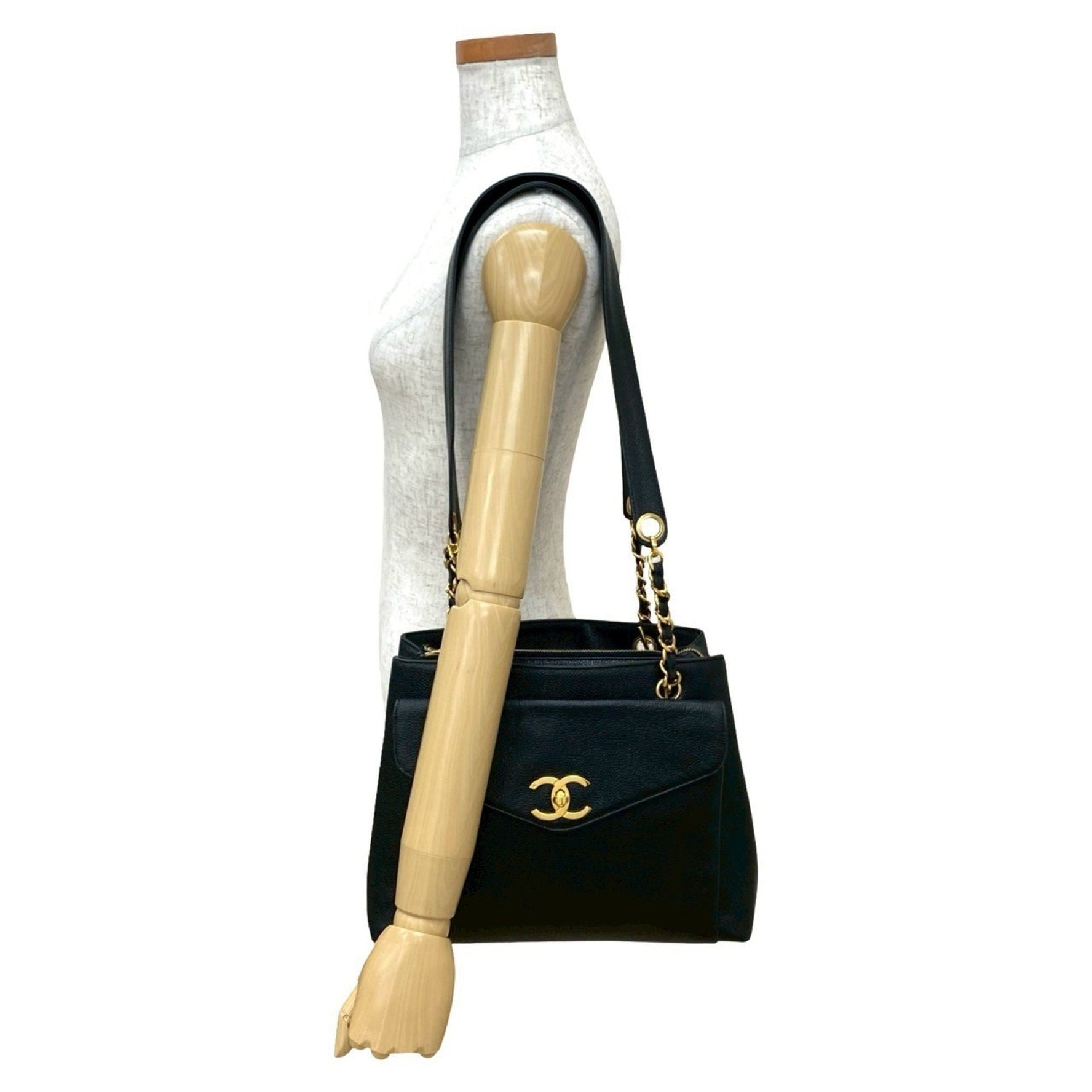 CHANEL Coco Mark Caviar Leather Chain Tote Bag/Semi Shoulder Bag