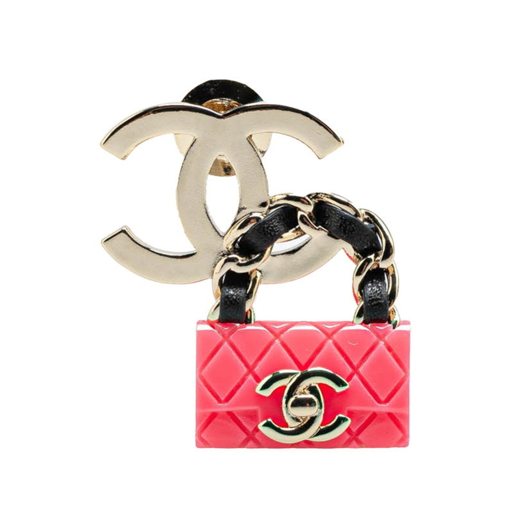 Chanel Coco Mark Matelasse Bag Motif Brooch in Silver and Pink Metal