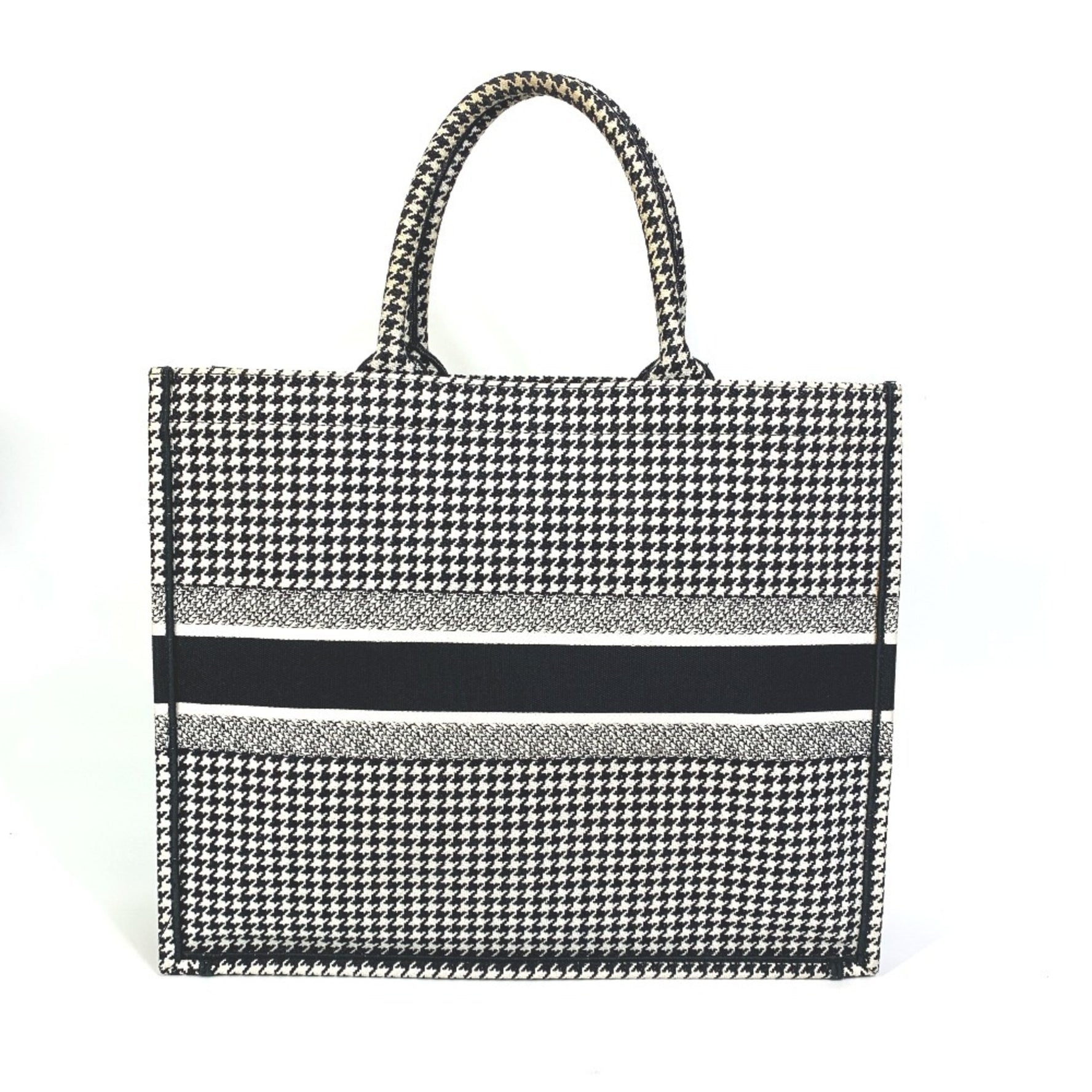 Christian Dior Dior Houndstooth Embroidered Book Tote Canvas Shoulder Bag in White/Black