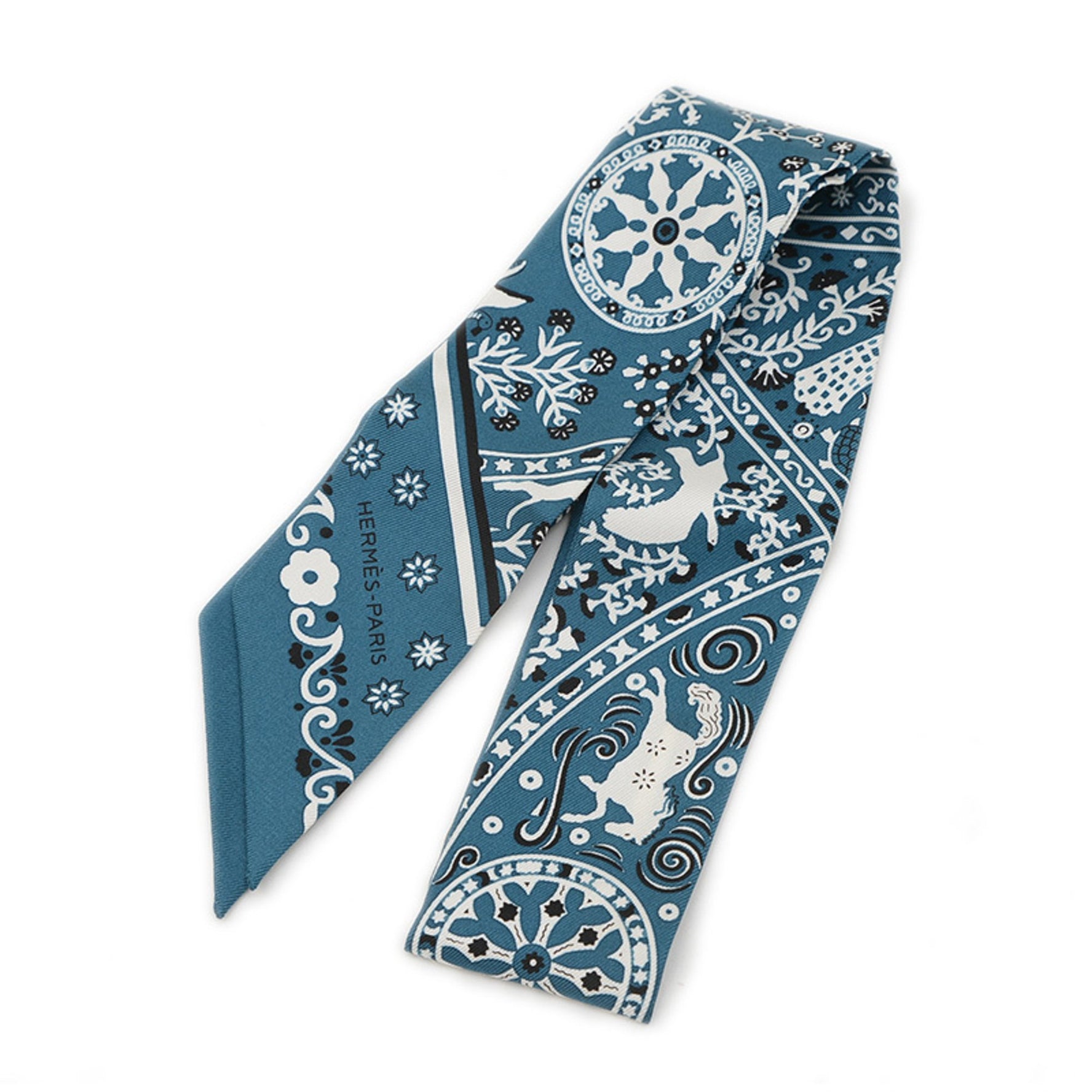 Hermes Hermès Twilly Scarf/Muffler, "Wind People" Curacao Noir Blanc, 100% Silk
