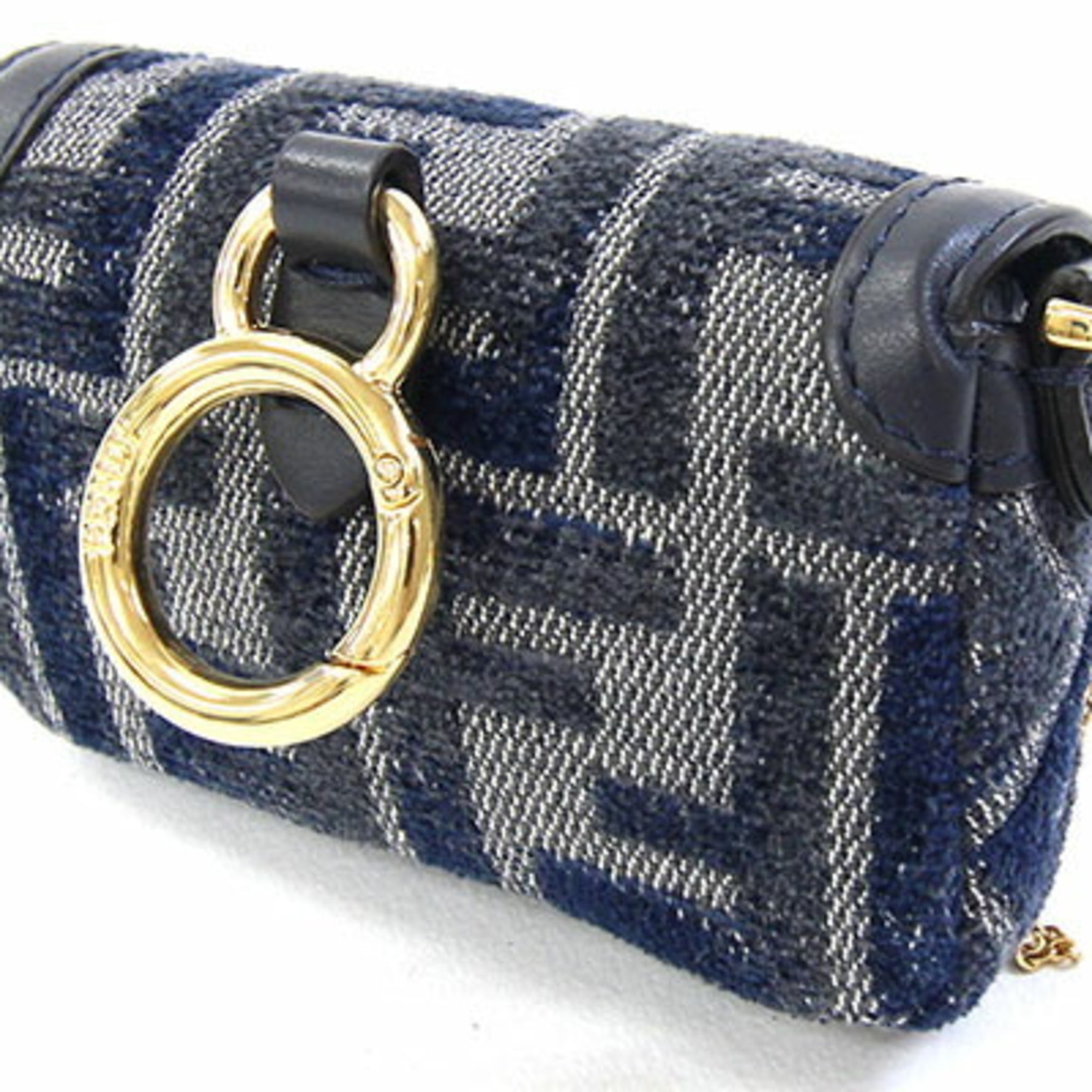 Fendi Nano Bucket Charm Navy Fabric Leather Chain Shoulder Bag Key Ring FF