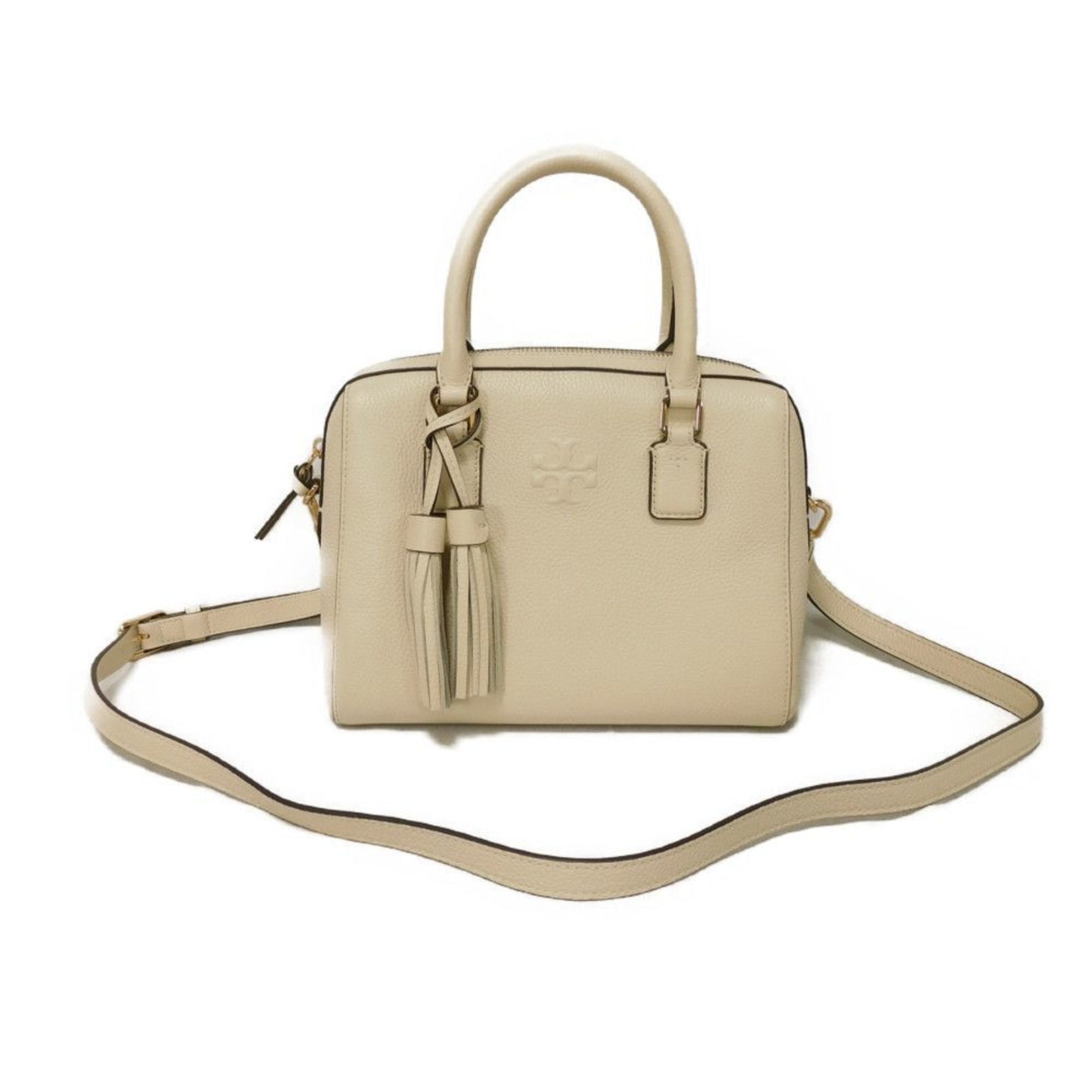 Tory Burch Thea Web Small Satchel Handbag with Calfskin Tassel, Shoulder Bag, Double T, Ivory, Bag