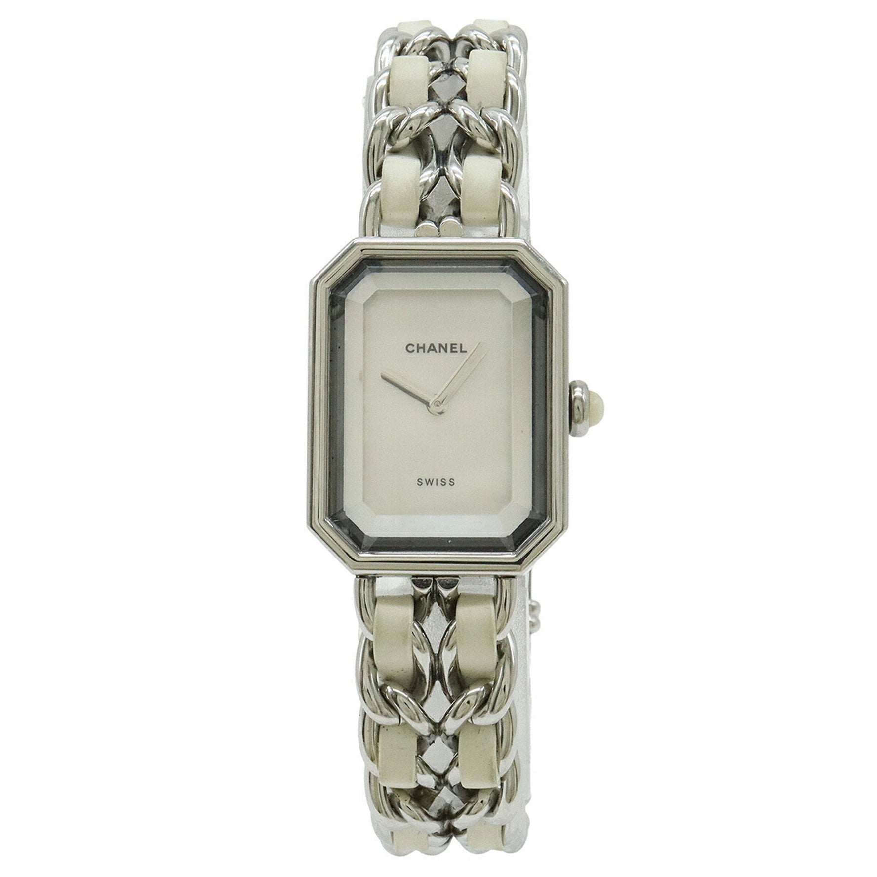 CHANEL Premiere White Shell Dial Large Stainless Steel Leather Women's Watch H1639