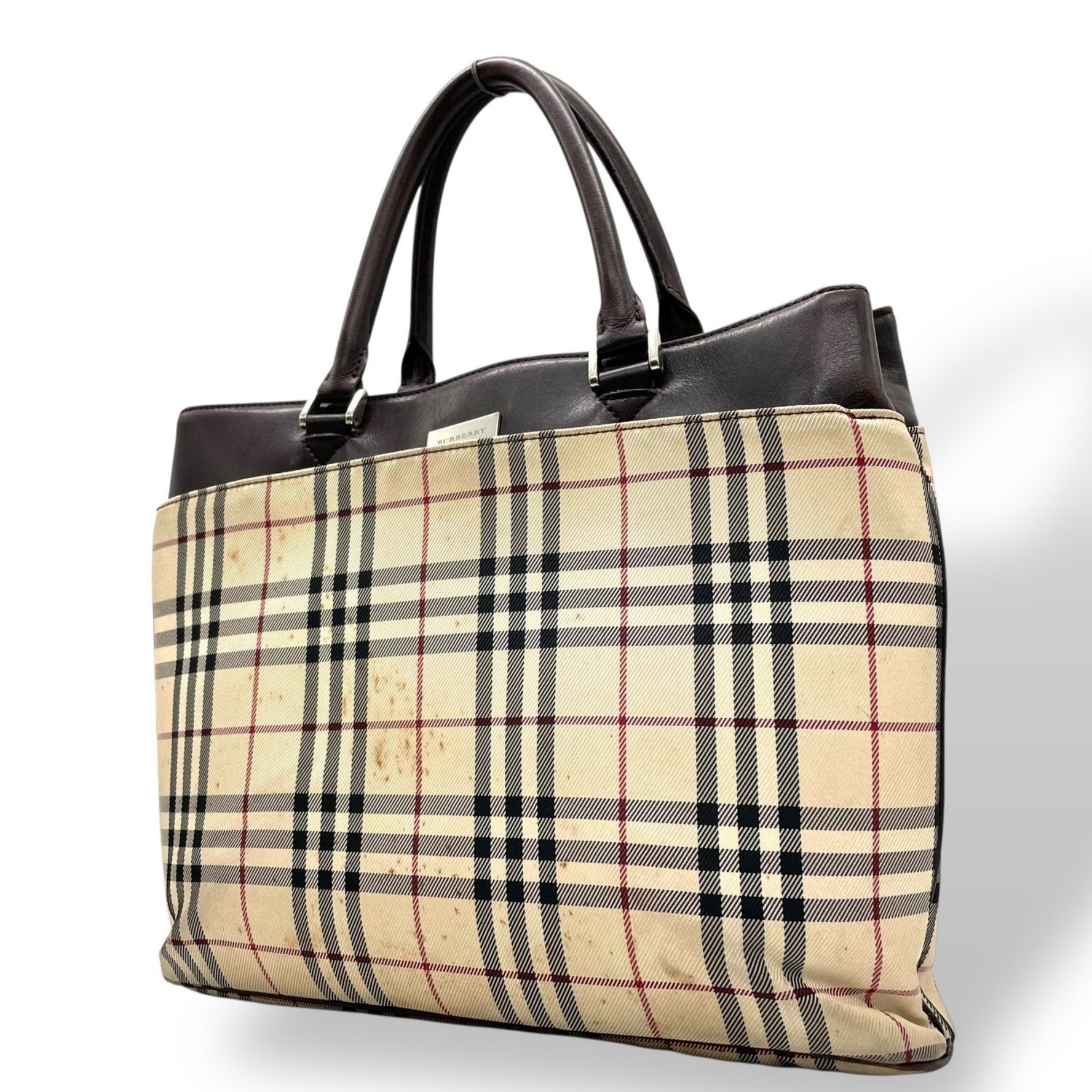 BURBERRY Nova Check Tote Bag, Beige/Brown Canvas and Leather with Silver Hardware Logo Plate