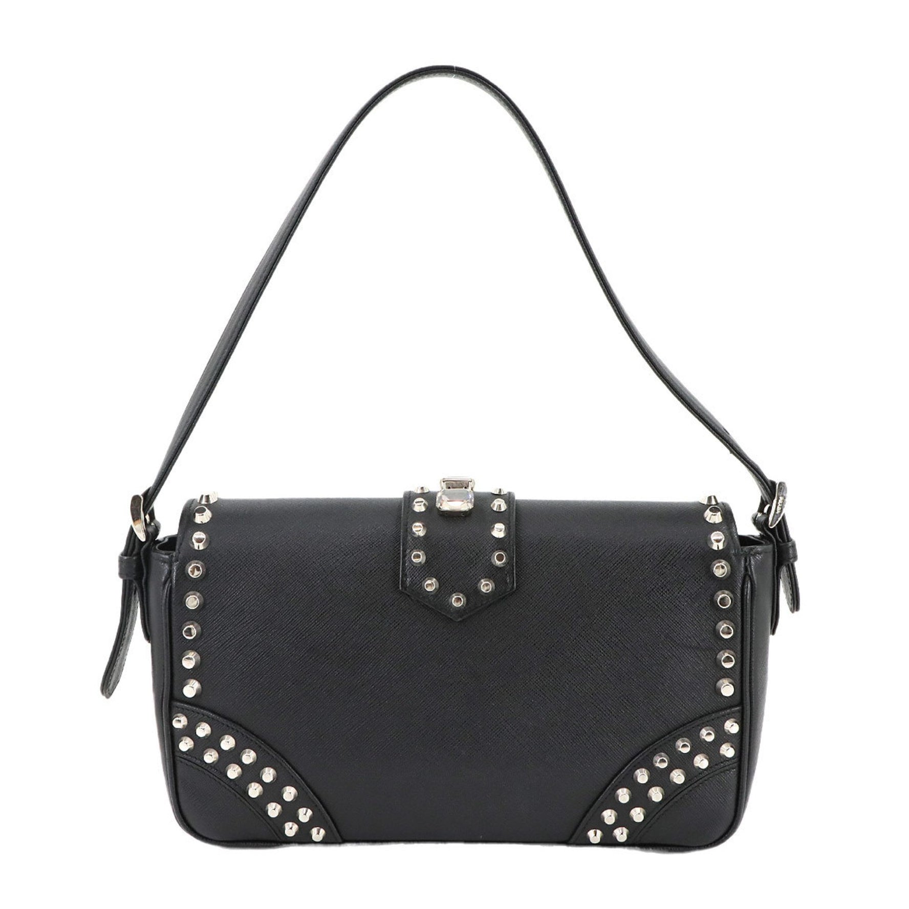 Prada Bejeweled Studded Shoulder Bag in Saffiano Leather (Black) with Silver Hardware