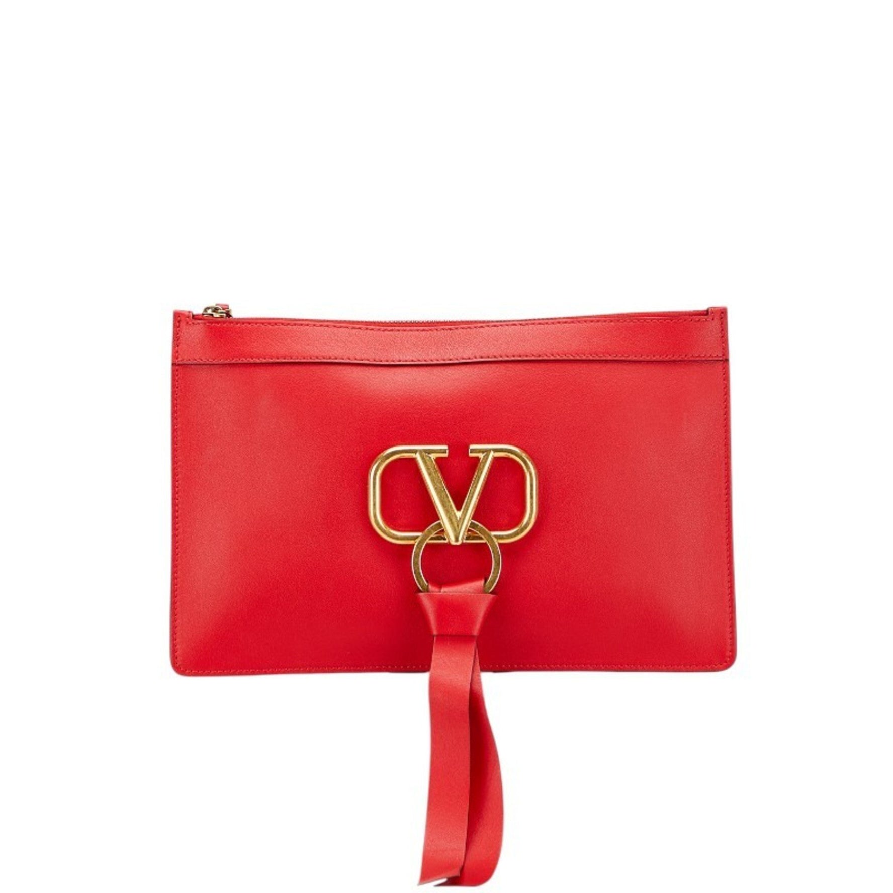 Valentino Garavani V-Ring Clutch Bag in Red Leather .
