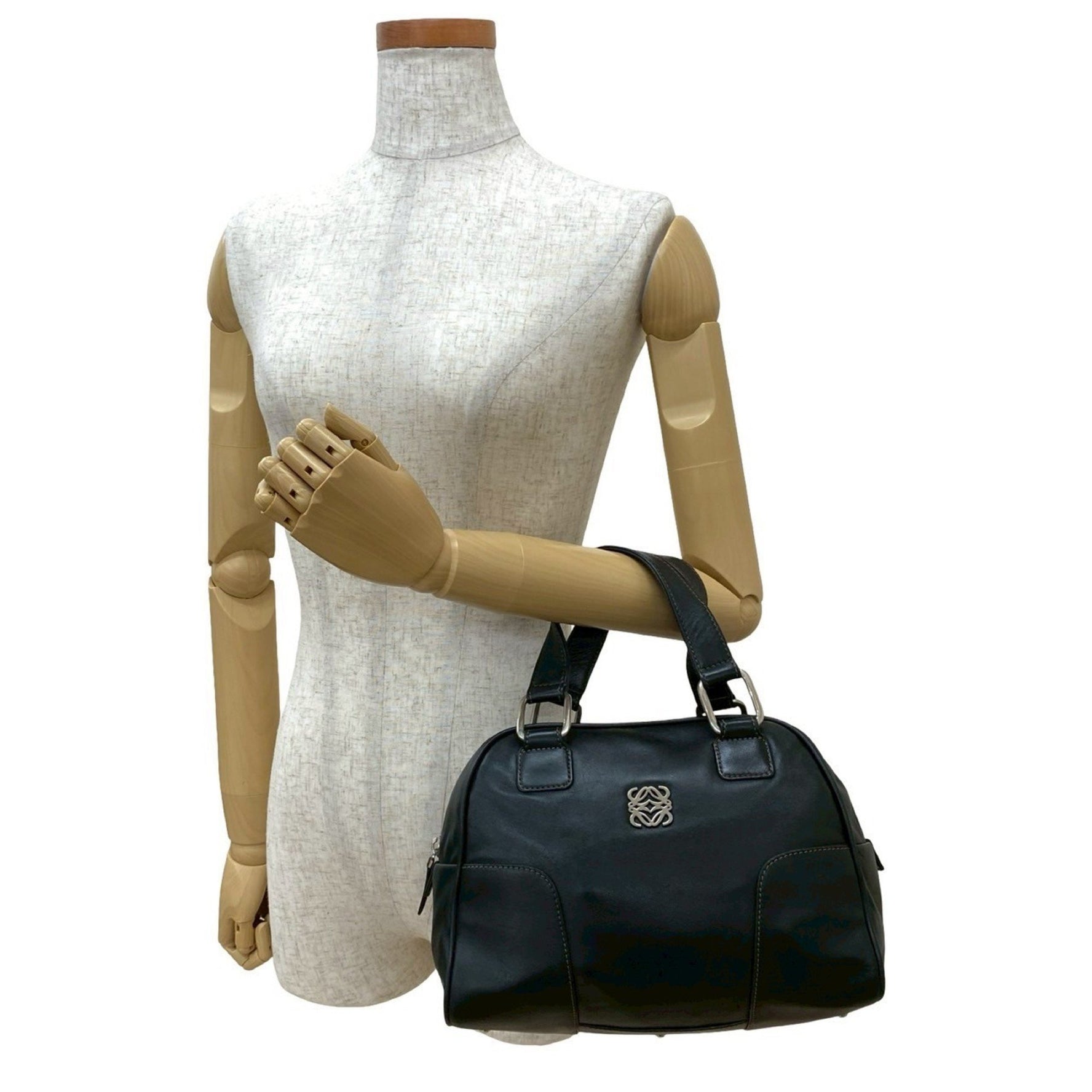 LOEWE Anagram Logo Silver Hardware Stitching Genuine Leather Handbag Mini Boston Bag