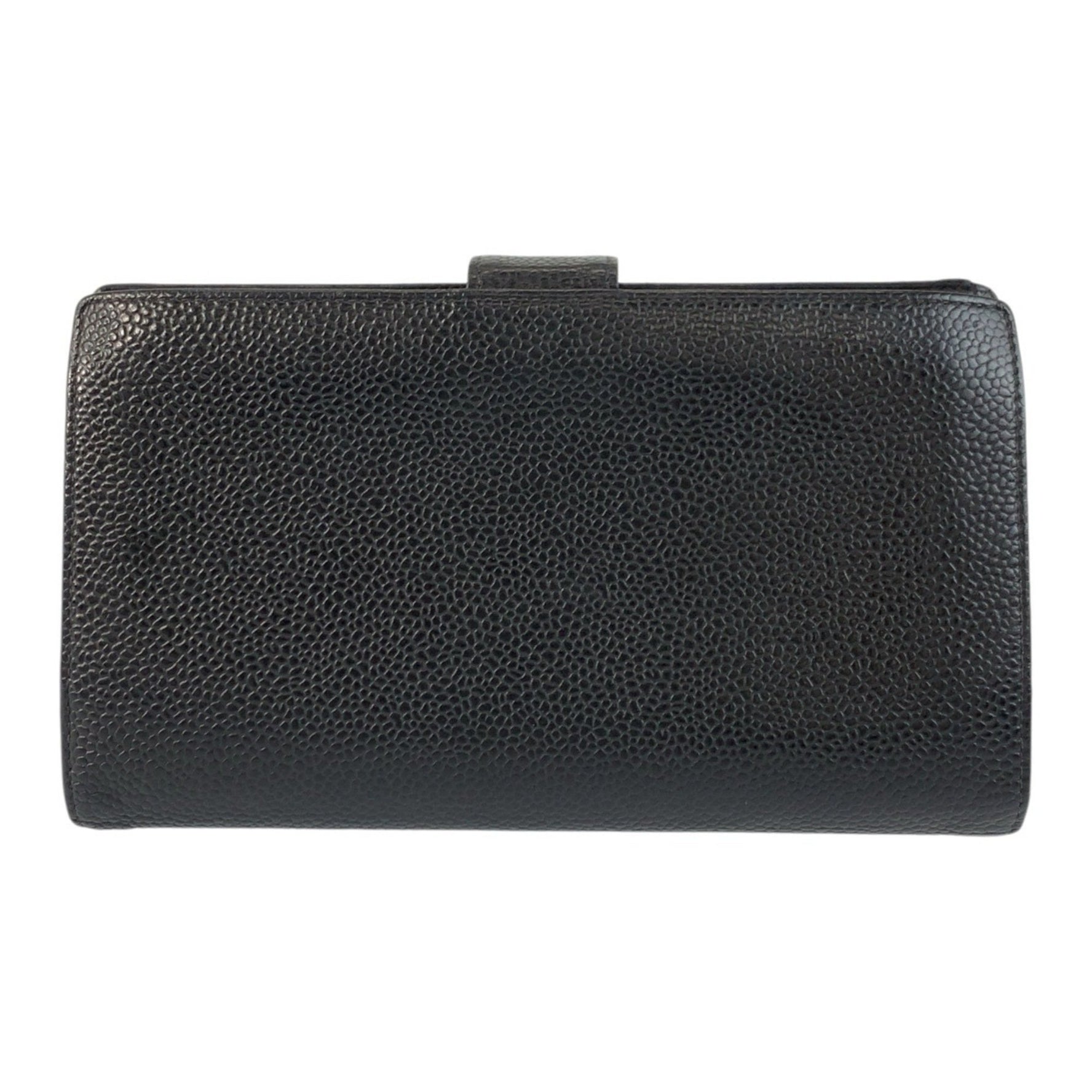 CHANEL Vintage Coco Mark Caviar Leather Folding Wallet with Gold Hardware, Clasp Closure, Compact