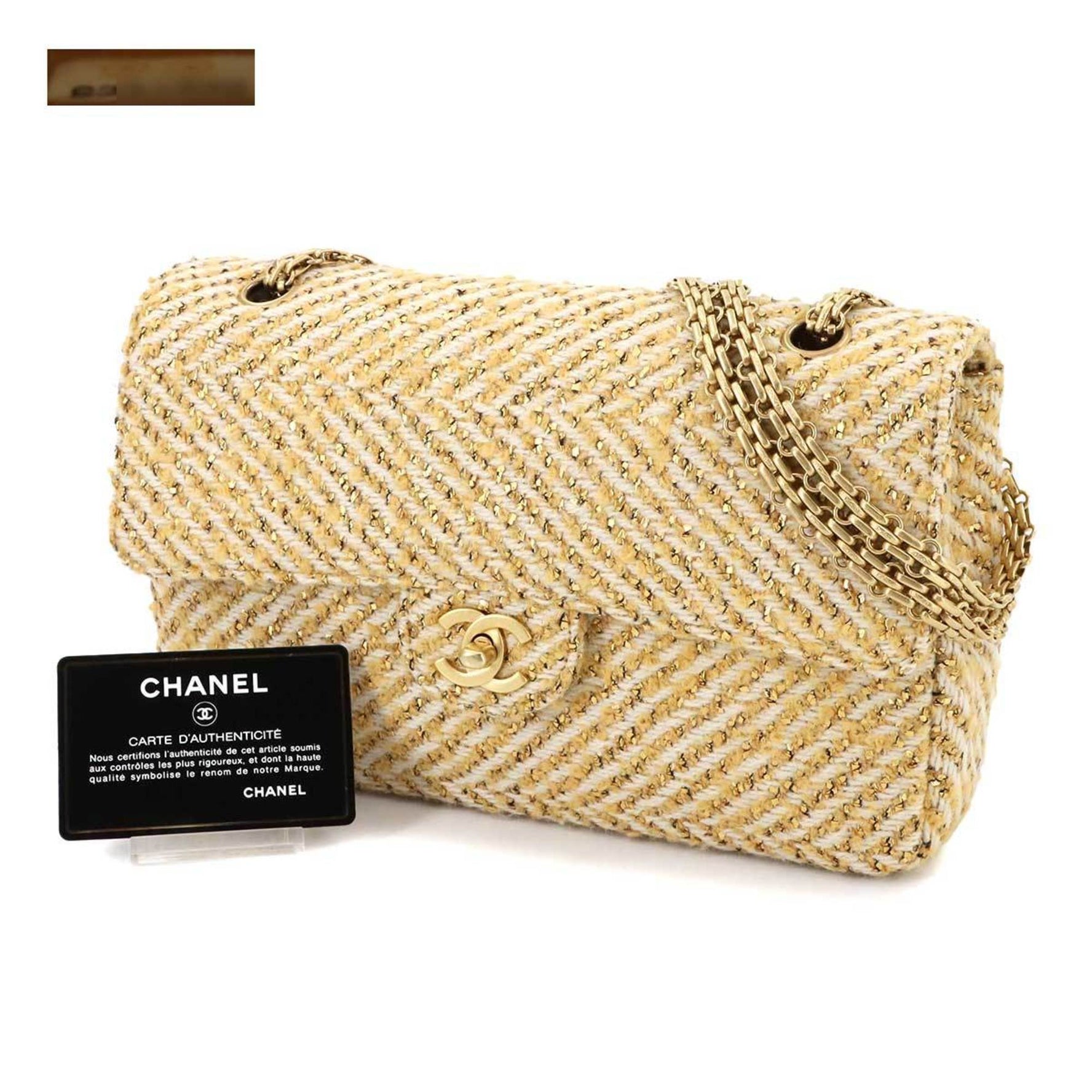 CHANEL Chain Shoulder Bag Tweed Beige Gold Matte Metal Fittings Coco Mark