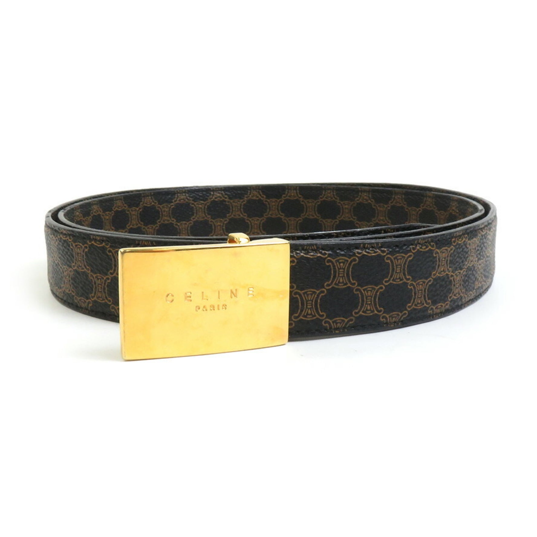CELINE Belt Macadam Metal Black Brown Gold