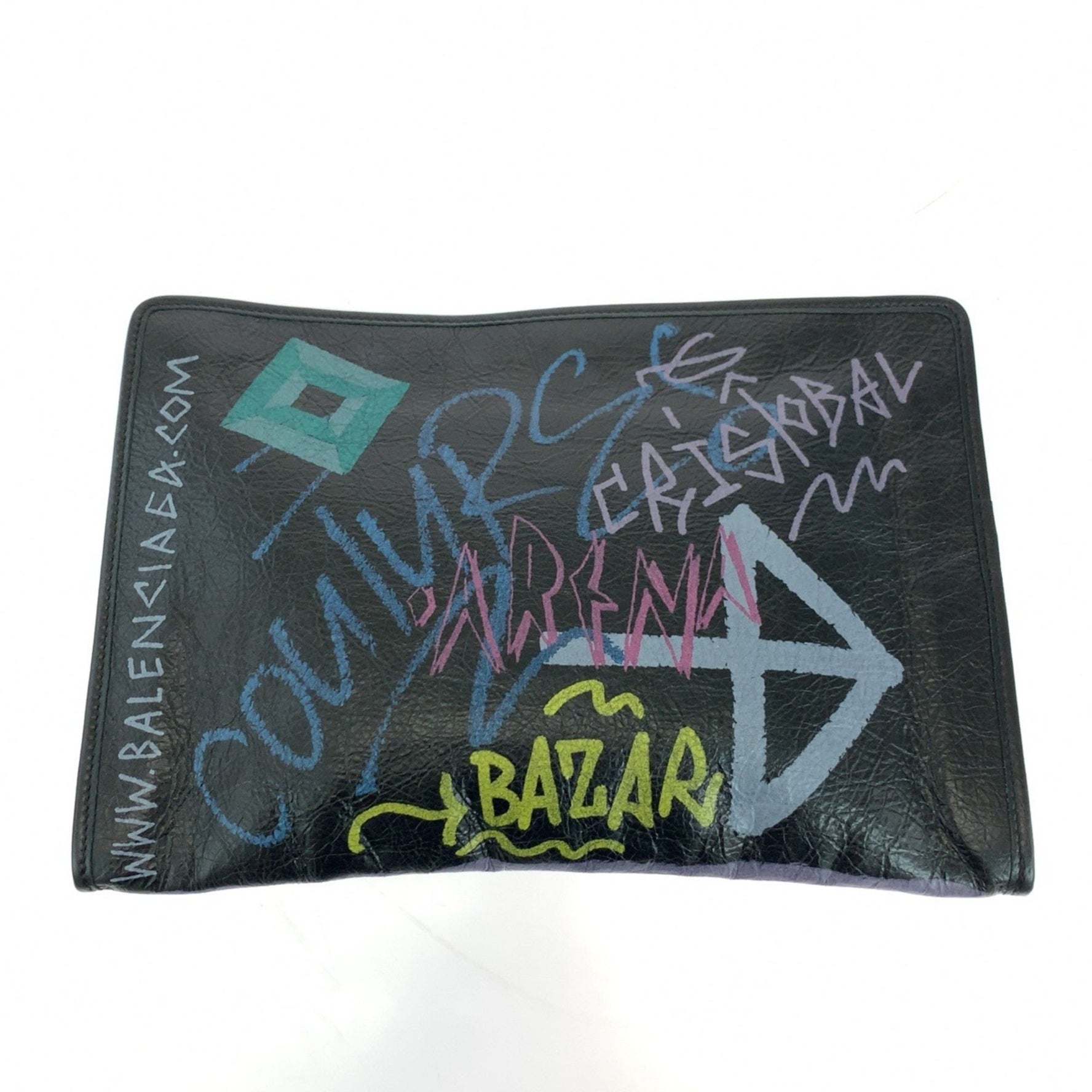 BALENCIAGA Graffiti Print Black Multicolor Silver Hardware Leather 1060 Clutch Bag Second Women's
